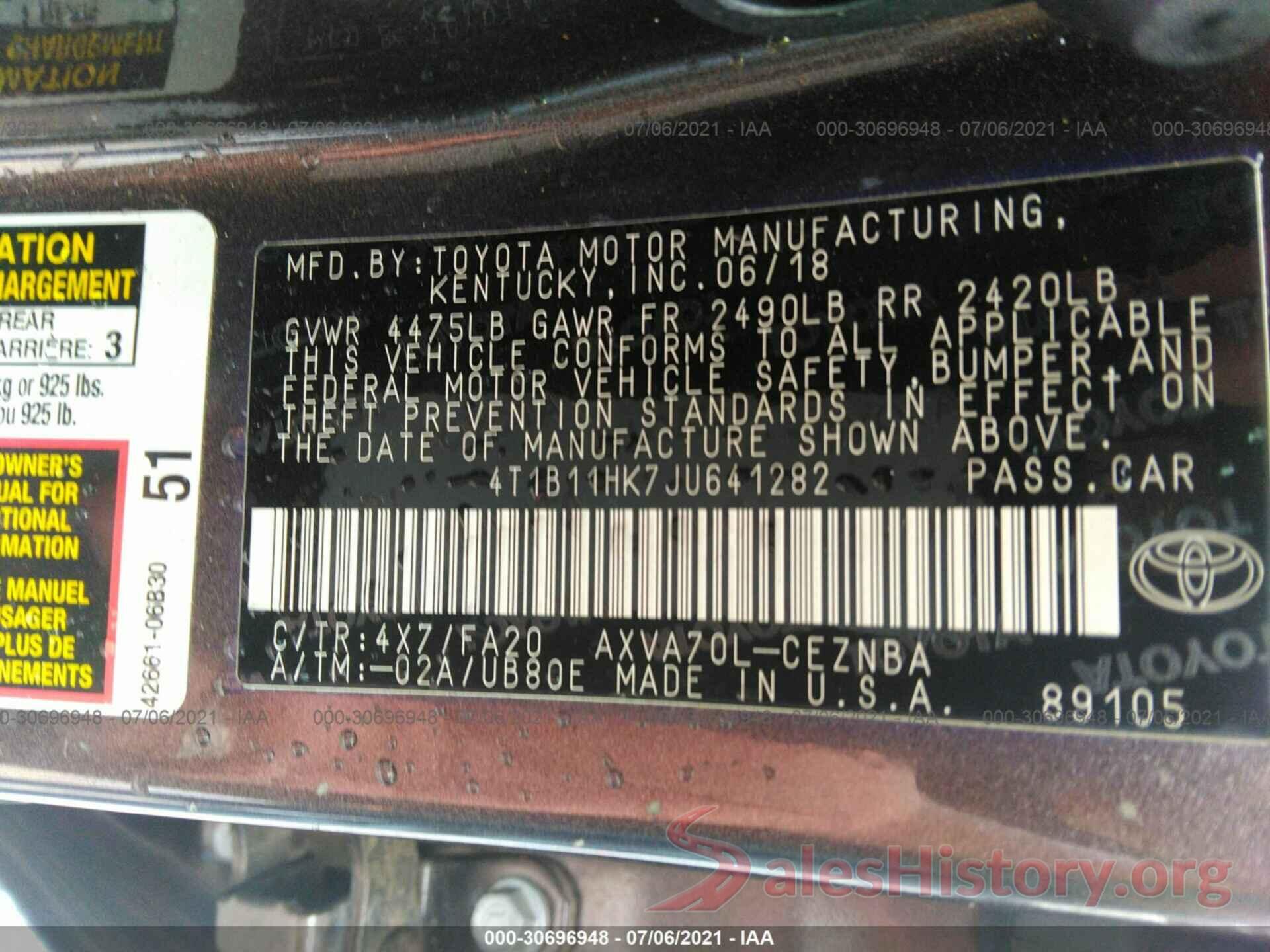 4T1B11HK7JU641282 2018 TOYOTA CAMRY