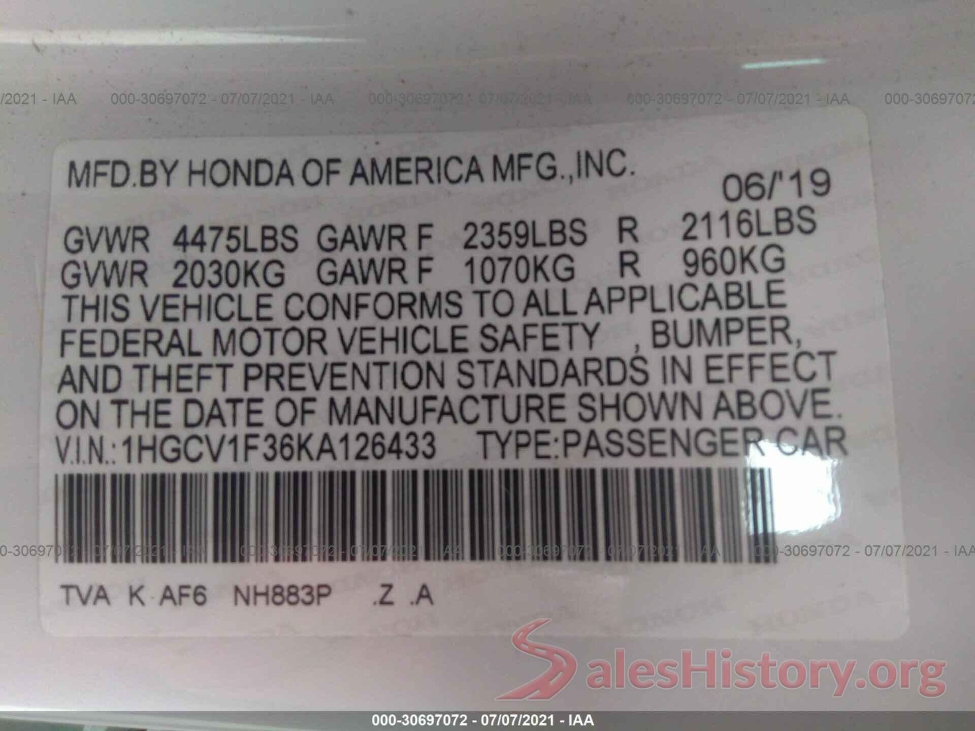 1HGCV1F36KA126433 2019 HONDA ACCORD SEDAN