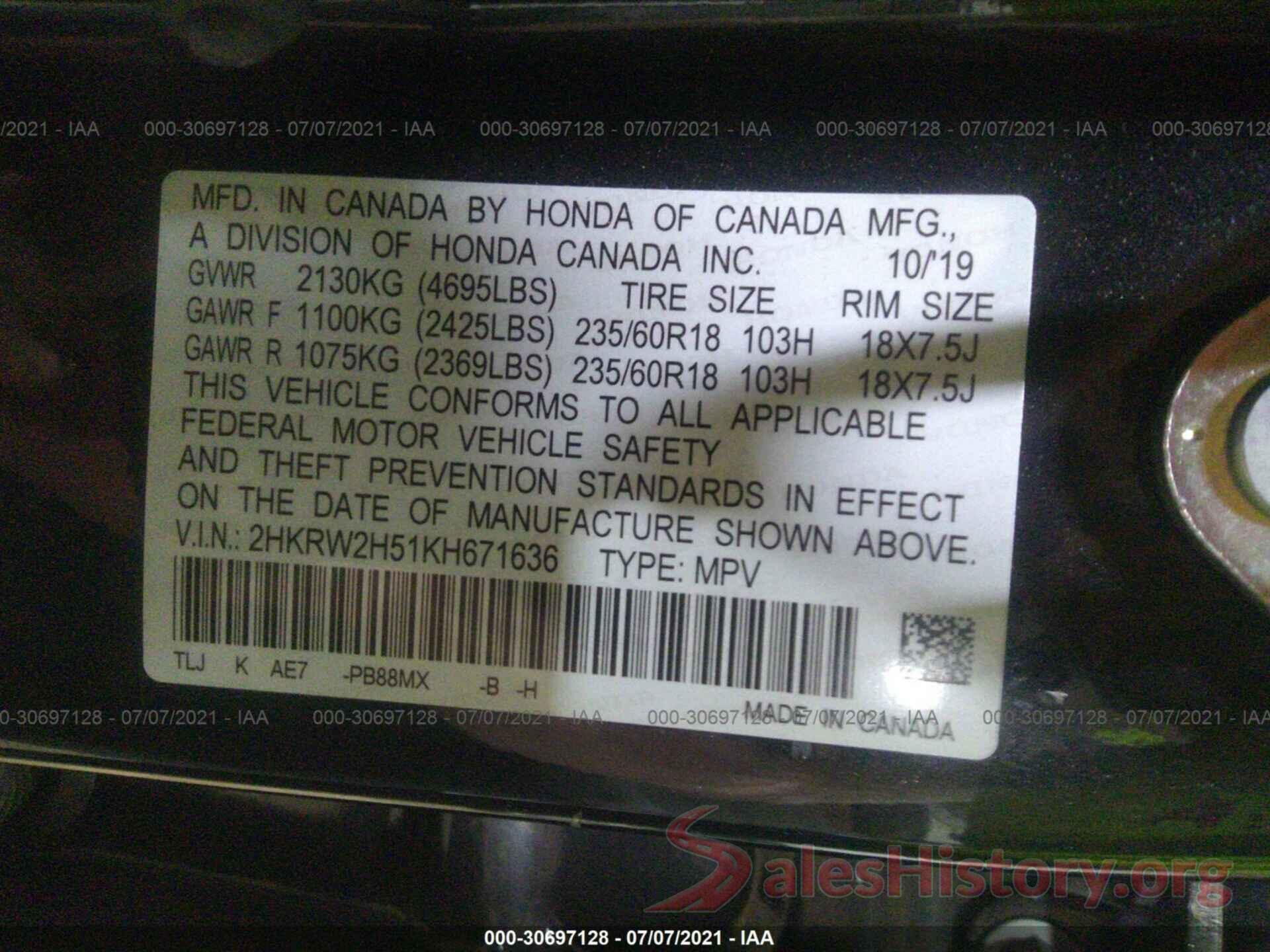 2HKRW2H51KH671636 2019 HONDA CR-V