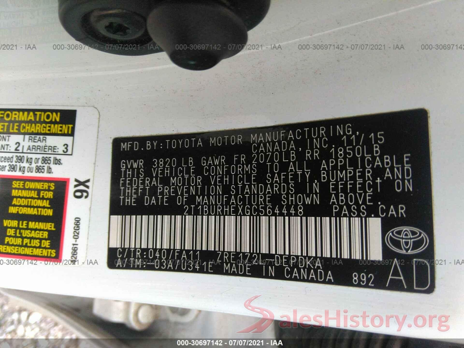 2T1BURHEXGC564448 2016 TOYOTA COROLLA