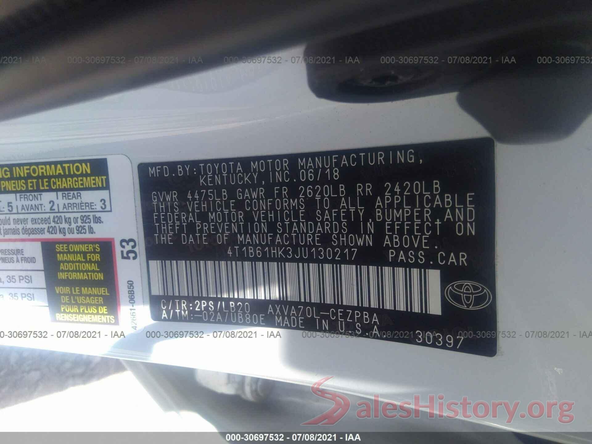 4T1B61HK3JU130217 2018 TOYOTA CAMRY