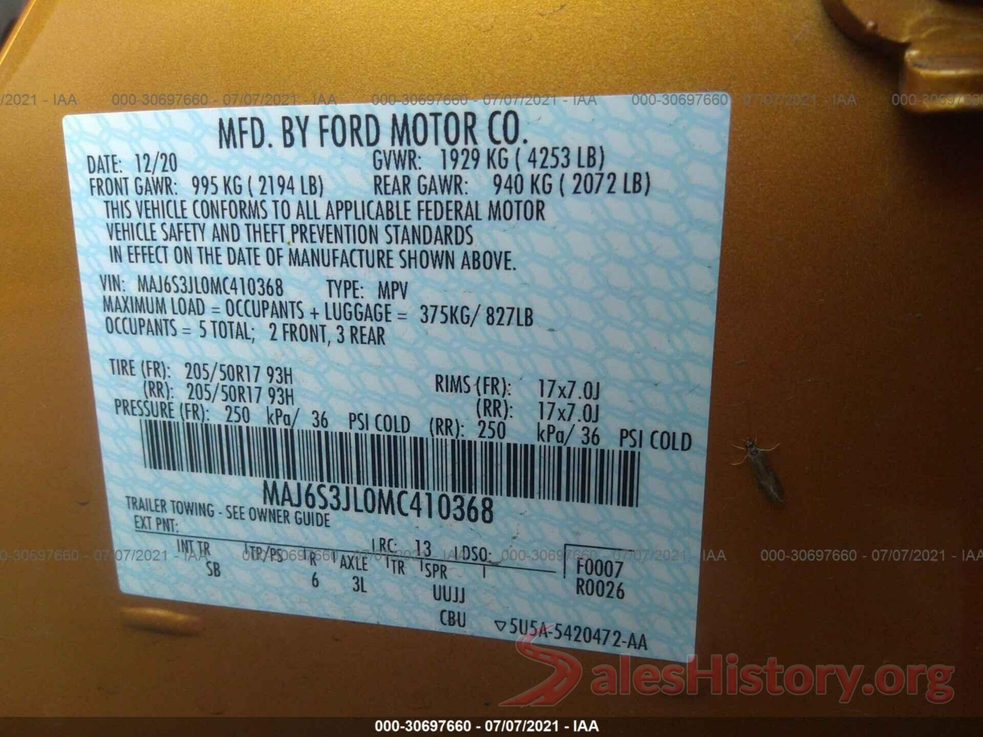 MAJ6S3JL0MC410368 2021 FORD ECOSPORT