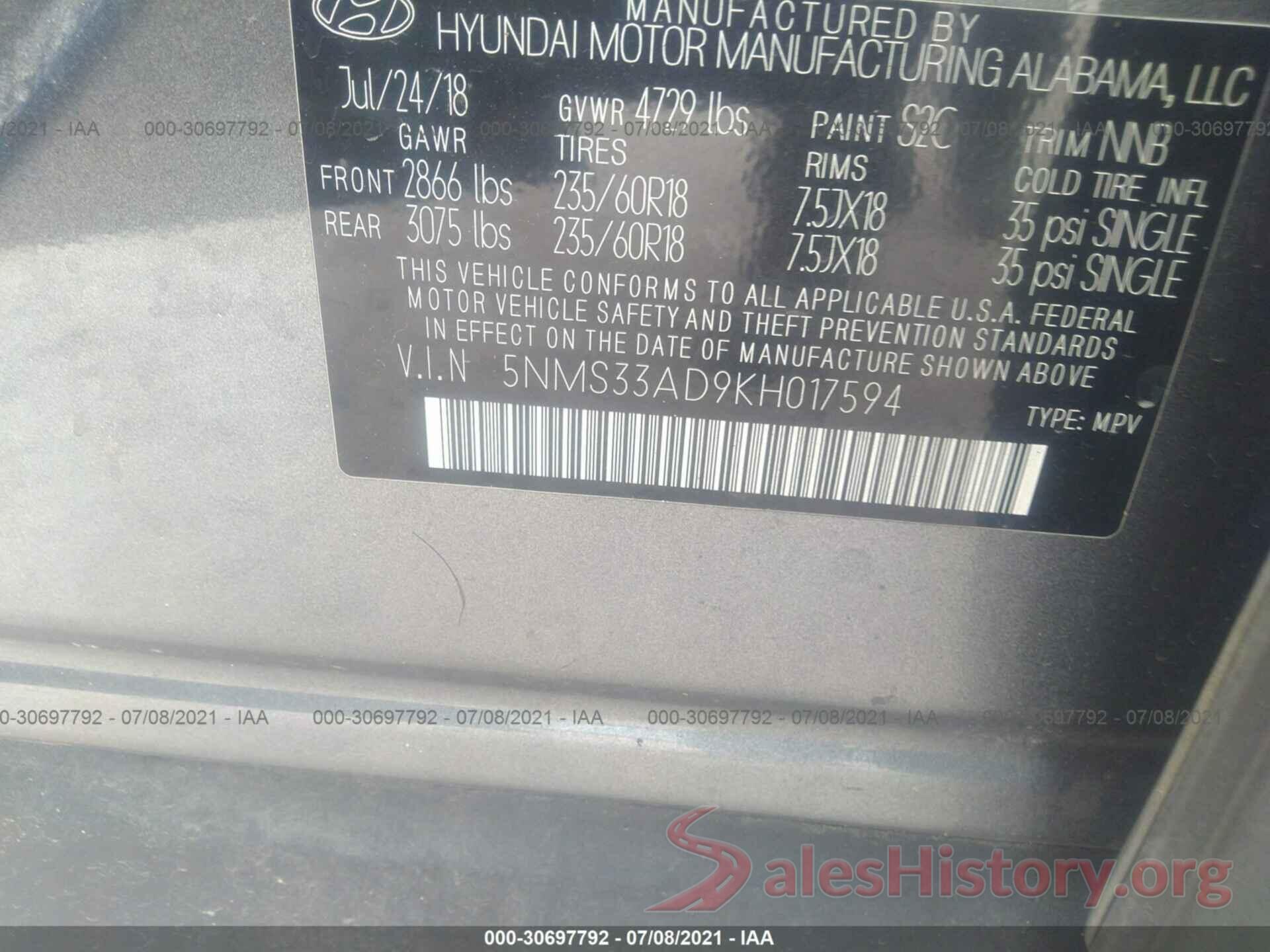 5NMS33AD9KH017594 2019 HYUNDAI SANTA FE