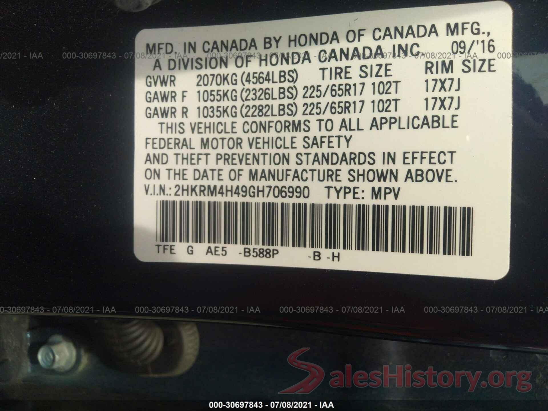 2HKRM4H49GH706990 2016 HONDA CR-V