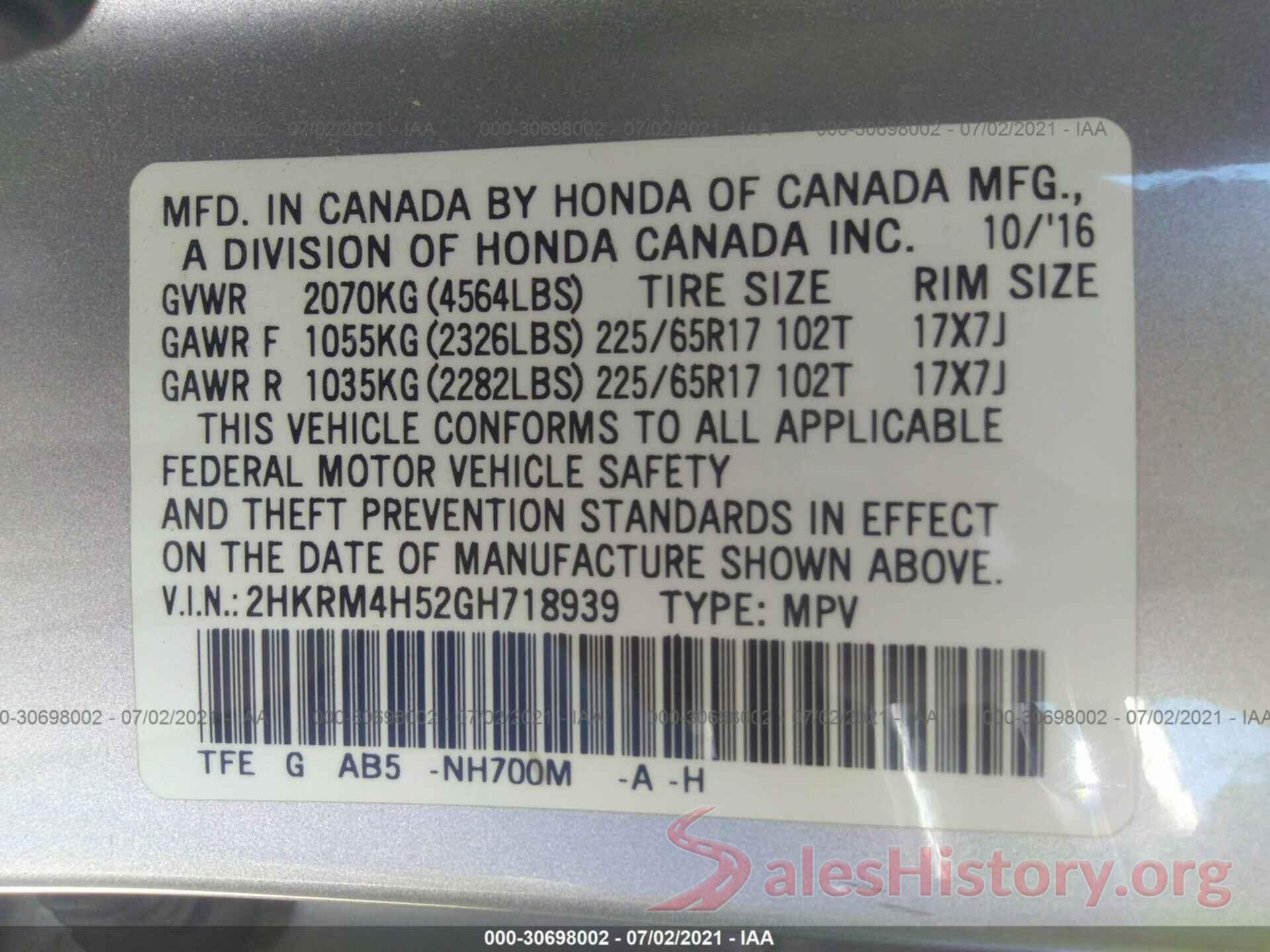 2HKRM4H52GH718939 2016 HONDA CR-V