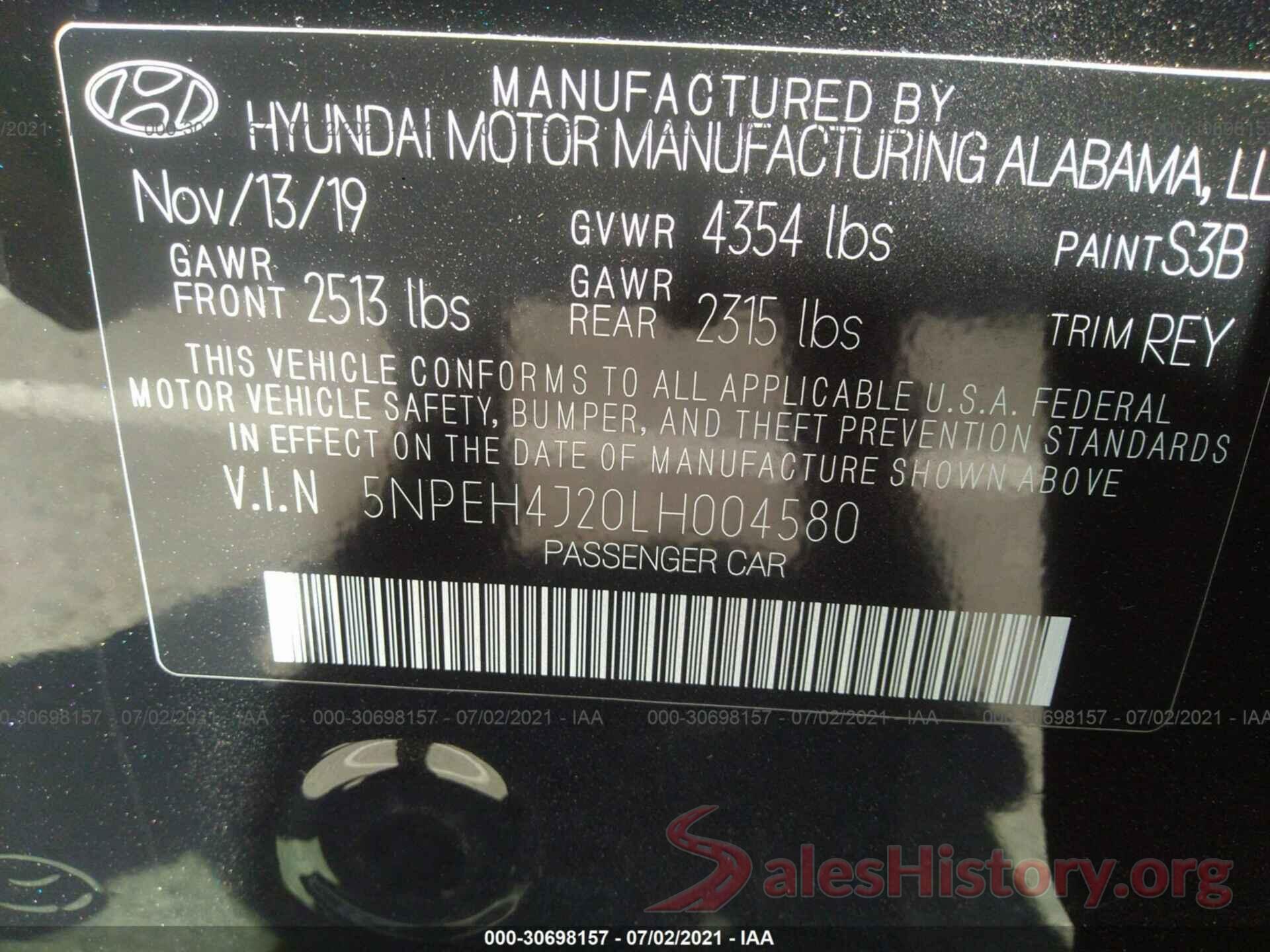 5NPEH4J20LH004580 2020 HYUNDAI SONATA