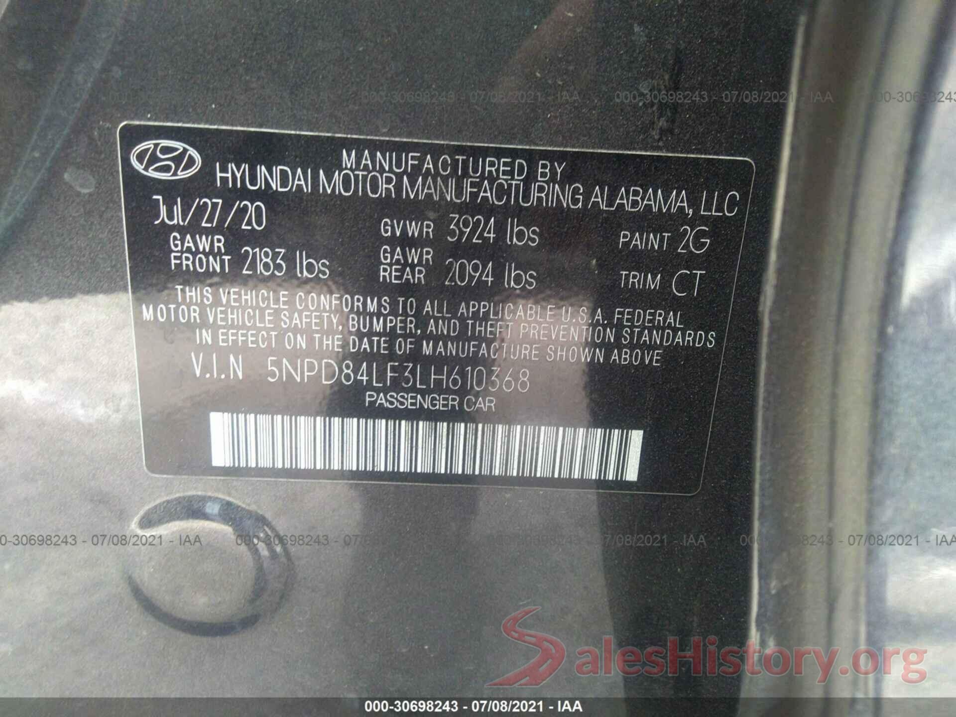 5NPD84LF3LH610368 2020 HYUNDAI ELANTRA