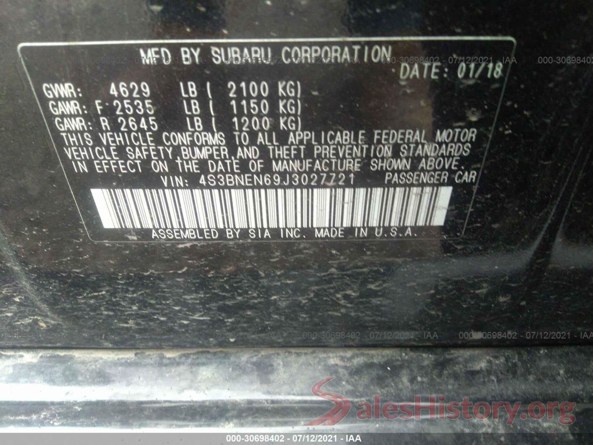 4S3BNEN69J3027721 2018 SUBARU LEGACY