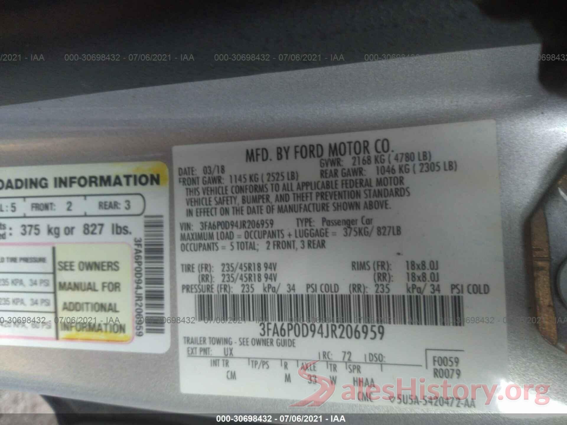 3FA6P0D94JR206959 2018 FORD FUSION