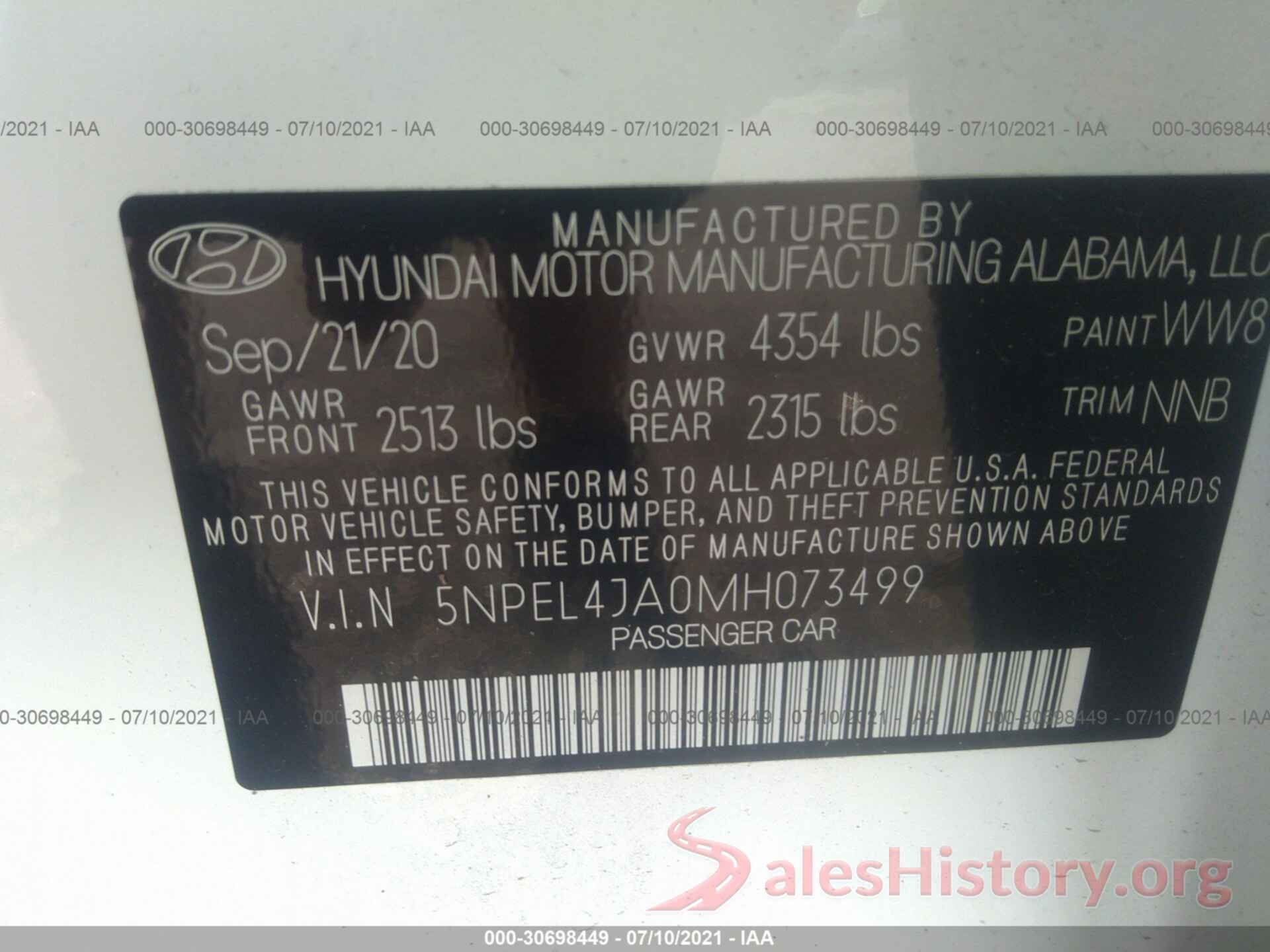 5NPEL4JA0MH073499 2021 HYUNDAI SONATA