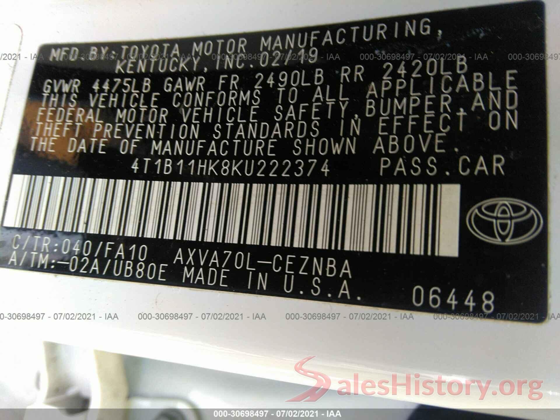 4T1B11HK8KU222374 2019 TOYOTA CAMRY