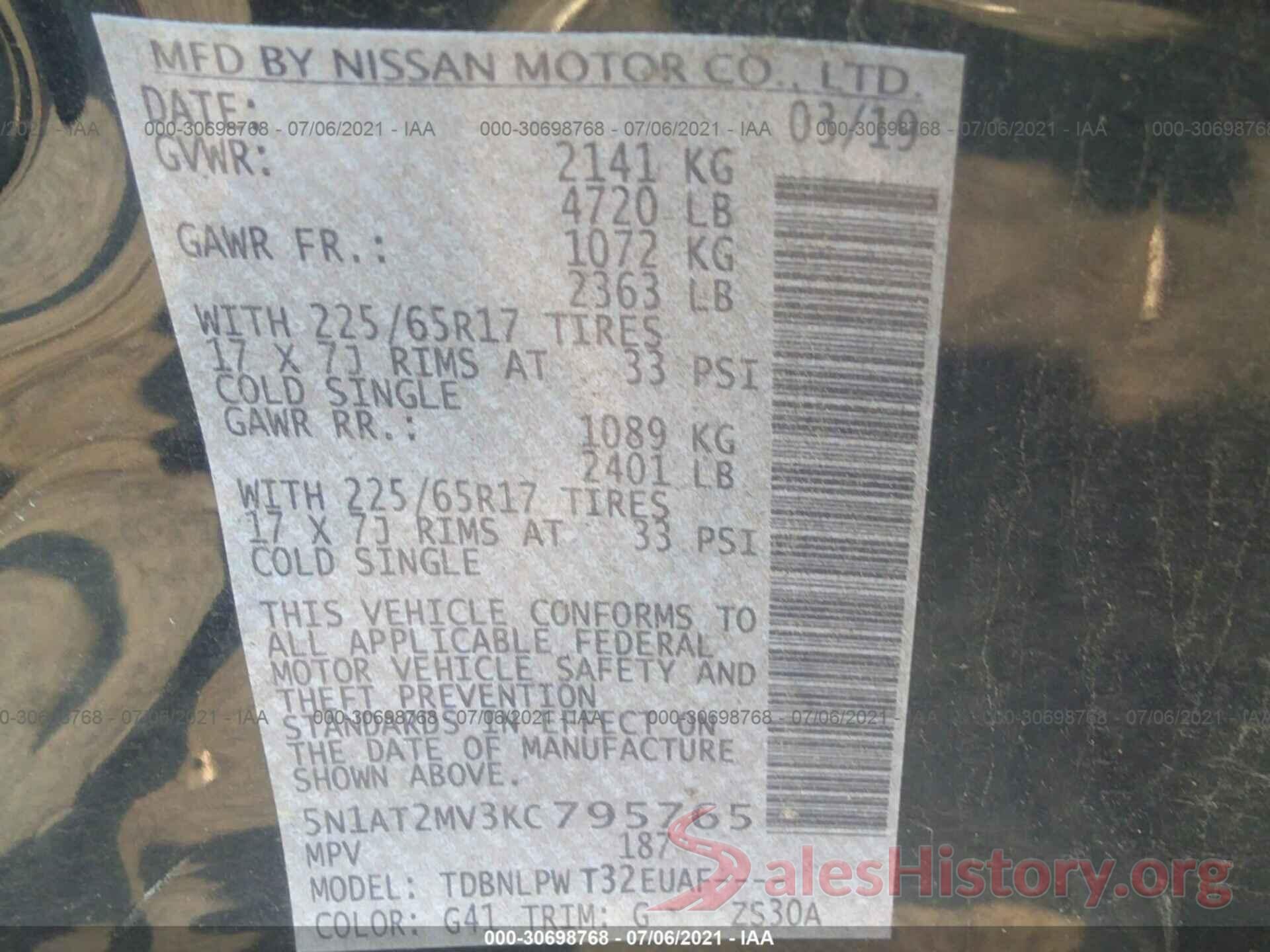 5N1AT2MV3KC795765 2019 NISSAN ROGUE