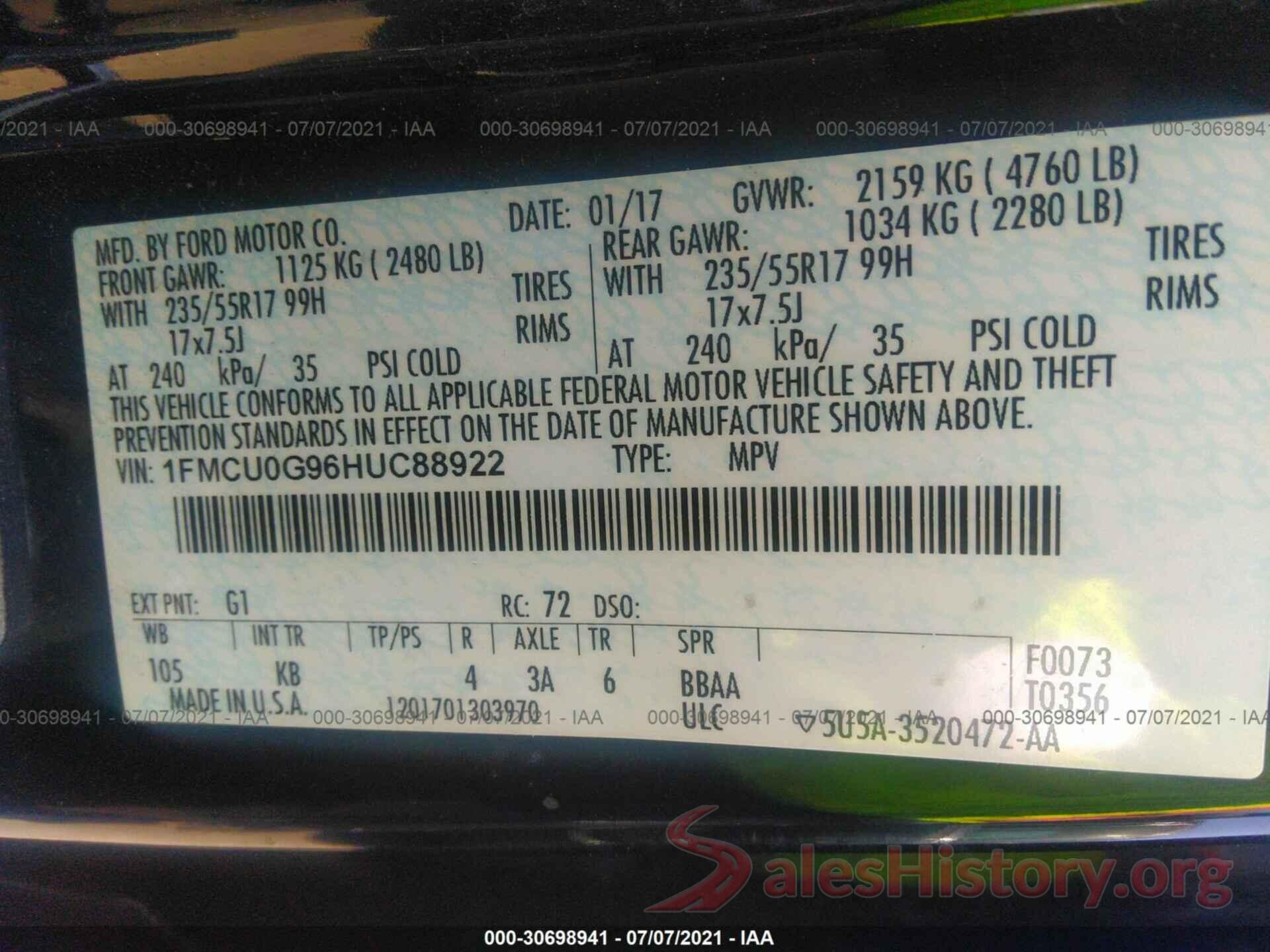 1FMCU0G96HUC88922 2017 FORD ESCAPE