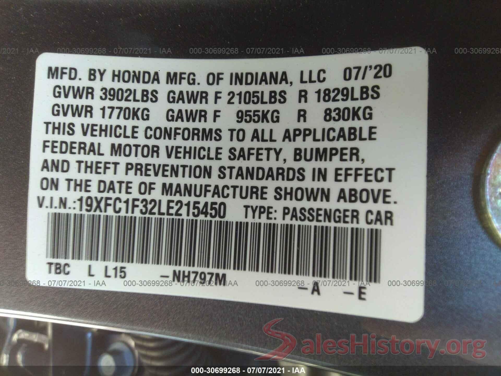 19XFC1F32LE215450 2020 HONDA CIVIC SEDAN