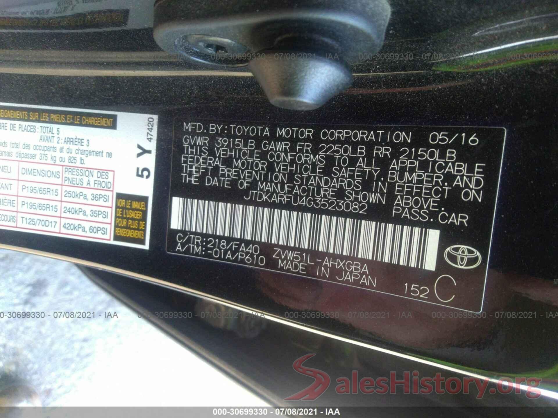 JTDKARFU4G3523082 2016 TOYOTA PRIUS