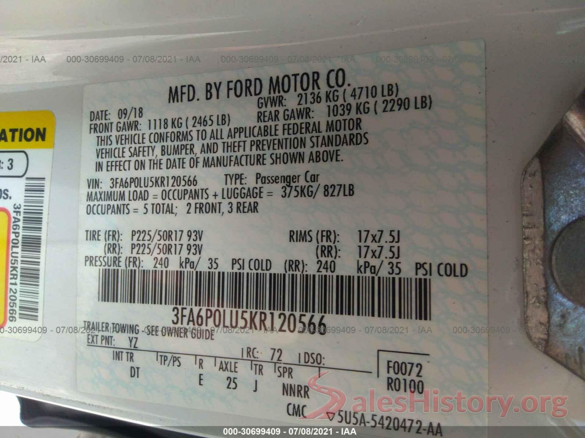 3FA6P0LU5KR120566 2019 FORD FUSION HYBRID