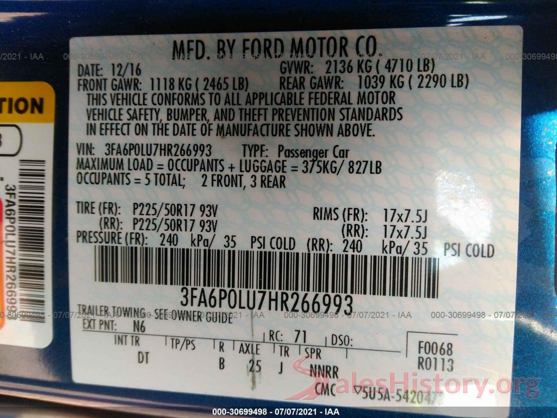 3FA6P0LU7HR266993 2017 FORD FUSION