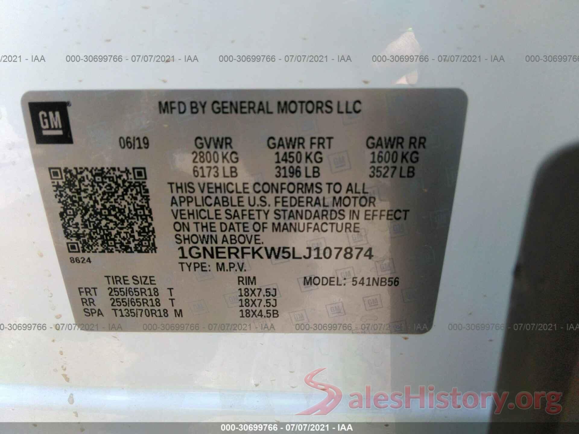 1GNERFKW5LJ107874 2020 CHEVROLET TRAVERSE