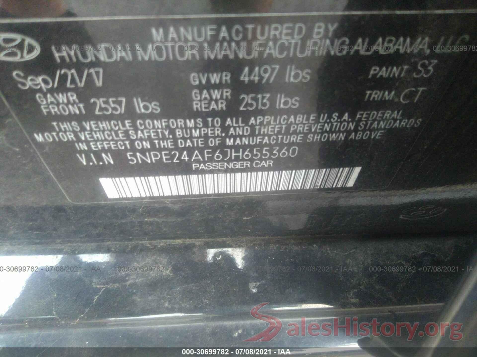 5NPE24AF6JH655360 2018 HYUNDAI SONATA