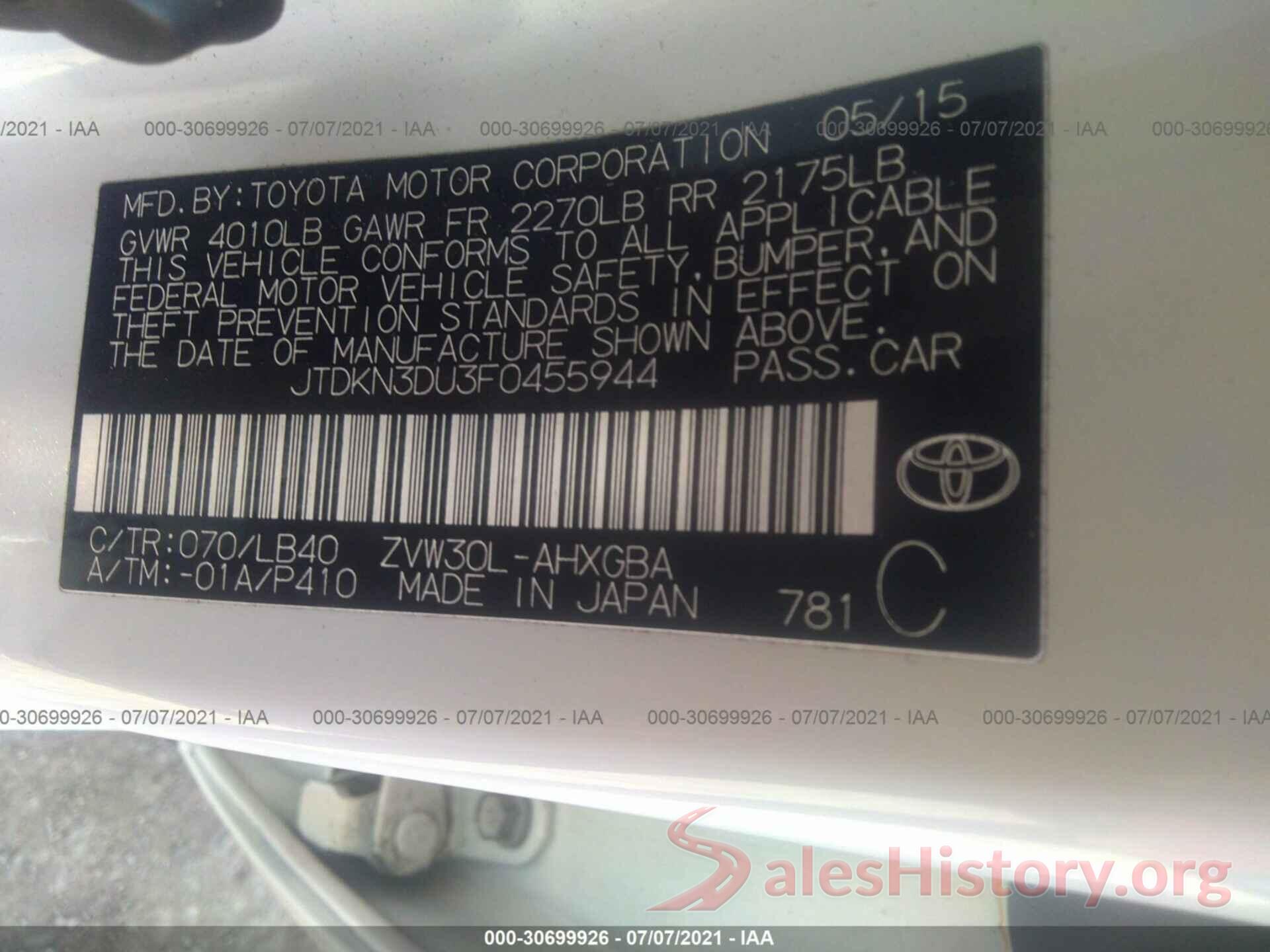 JTDKN3DU3F0455944 2015 TOYOTA PRIUS