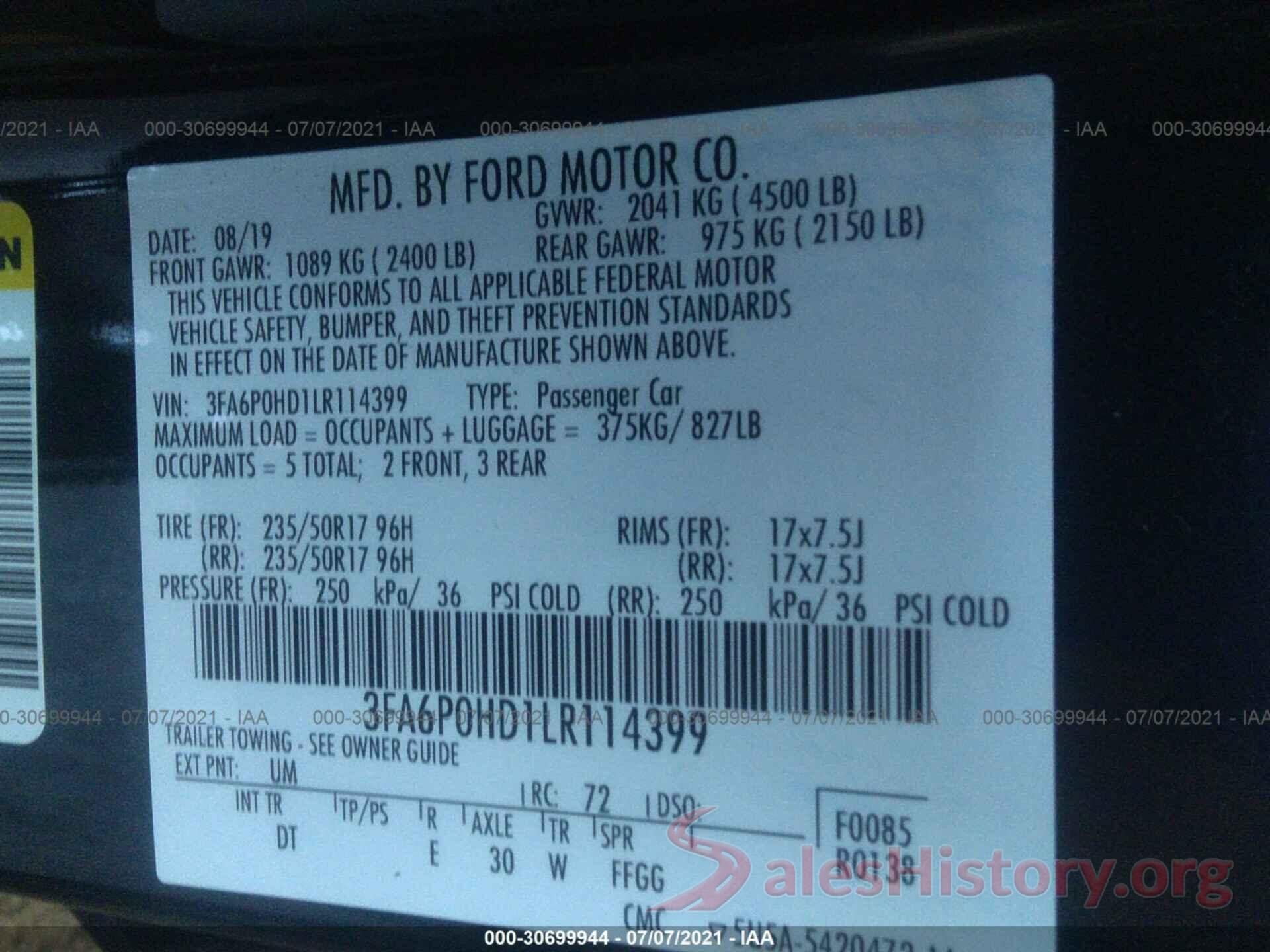 3FA6P0HD1LR114399 2020 FORD FUSION