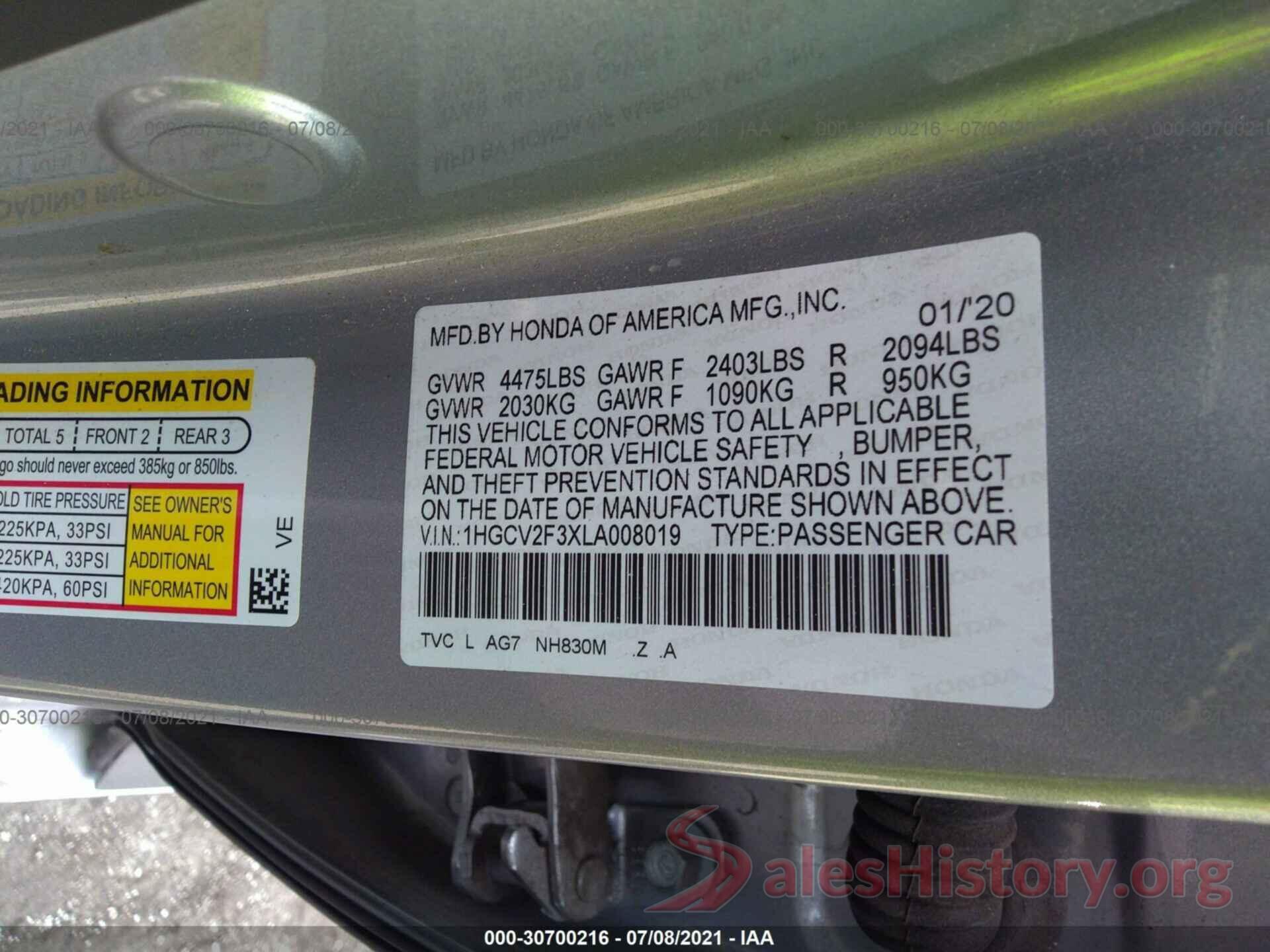 1HGCV2F3XLA008019 2020 HONDA ACCORD SEDAN