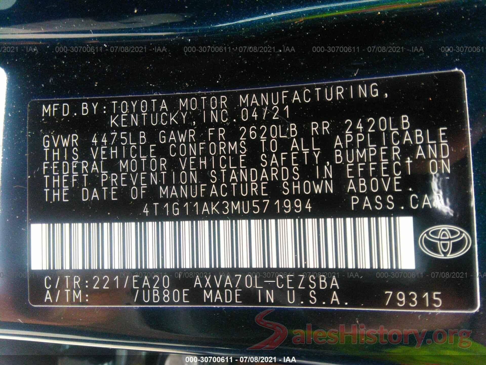 4T1G11AK3MU571994 2021 TOYOTA CAMRY