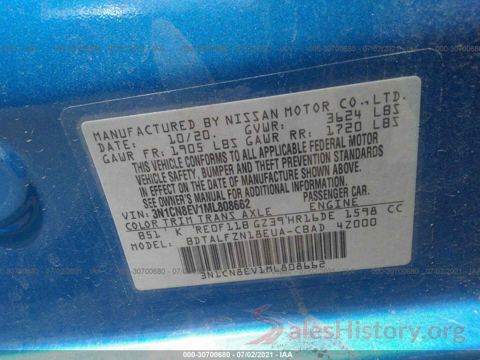 3N1CN8EV1ML808662 2021 NISSAN VERSA