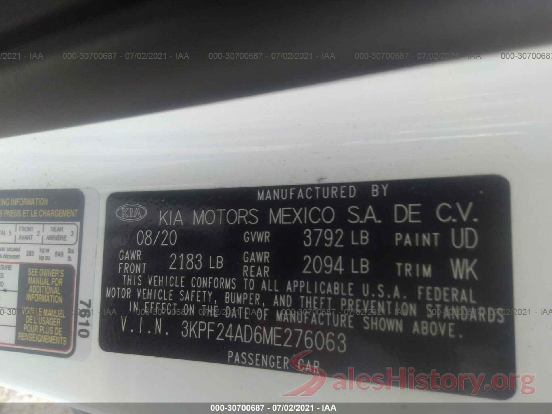 3KPF24AD6ME276063 2021 KIA FORTE