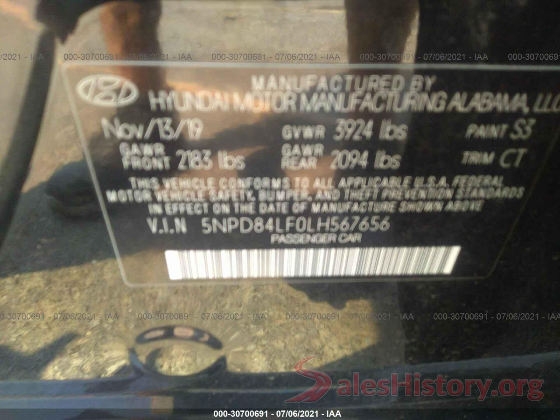 5NPD84LF0LH567656 2020 HYUNDAI ELANTRA