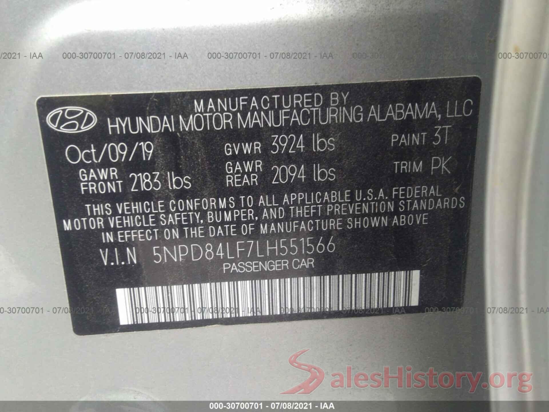 5NPD84LF7LH551566 2020 HYUNDAI ELANTRA