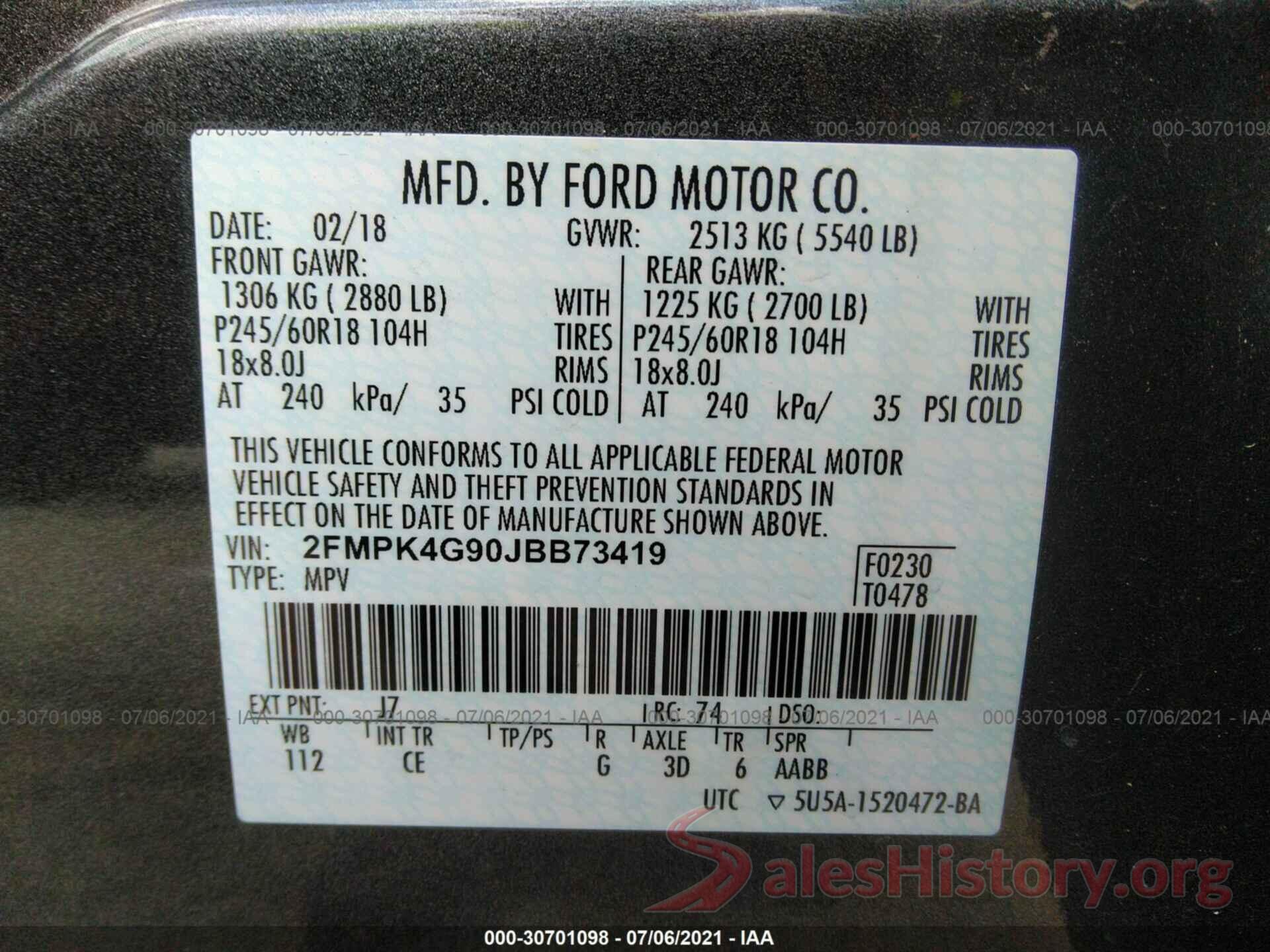 2FMPK4G90JBB73419 2018 FORD EDGE