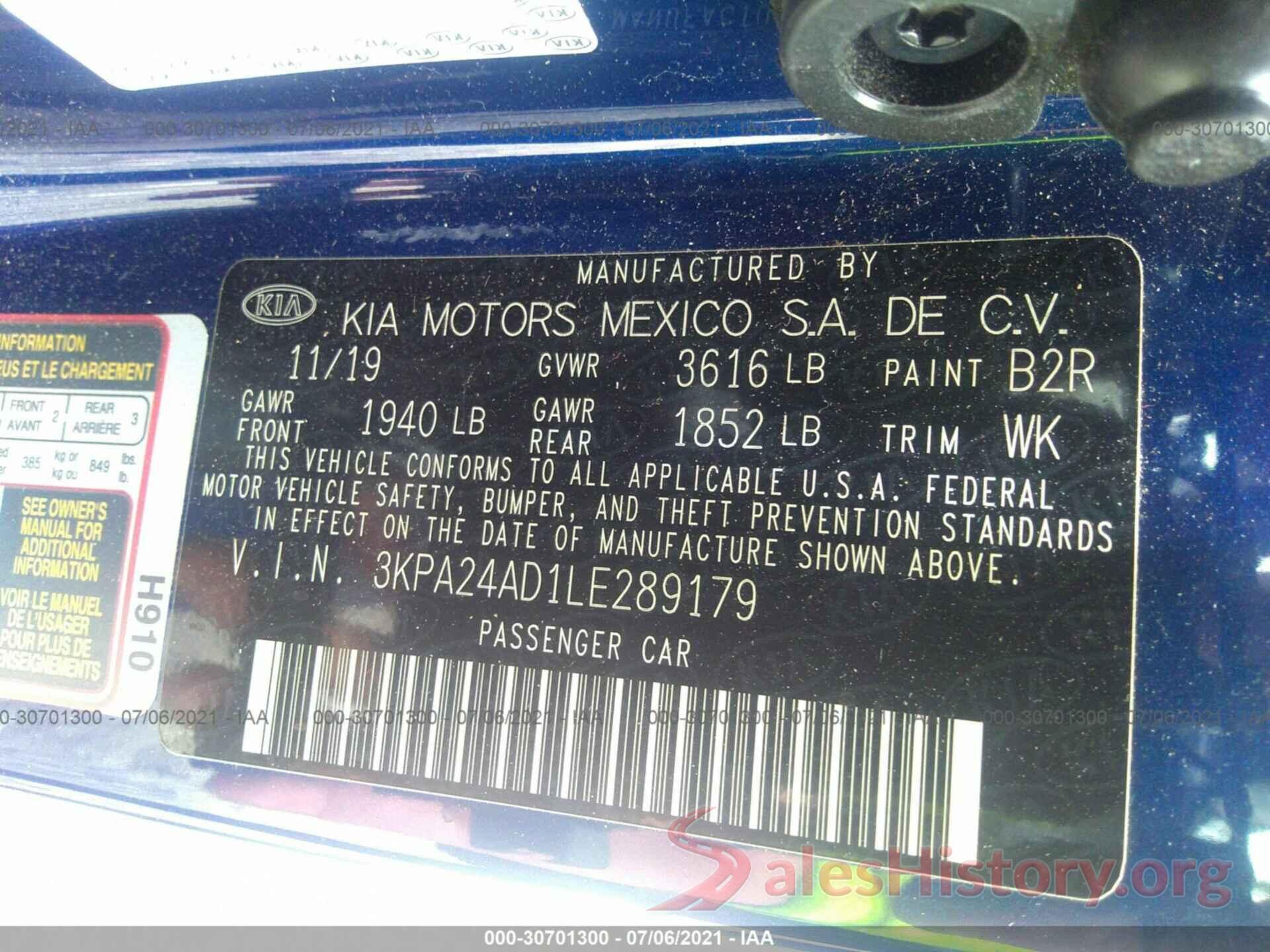 3KPA24AD1LE289179 2020 KIA RIO