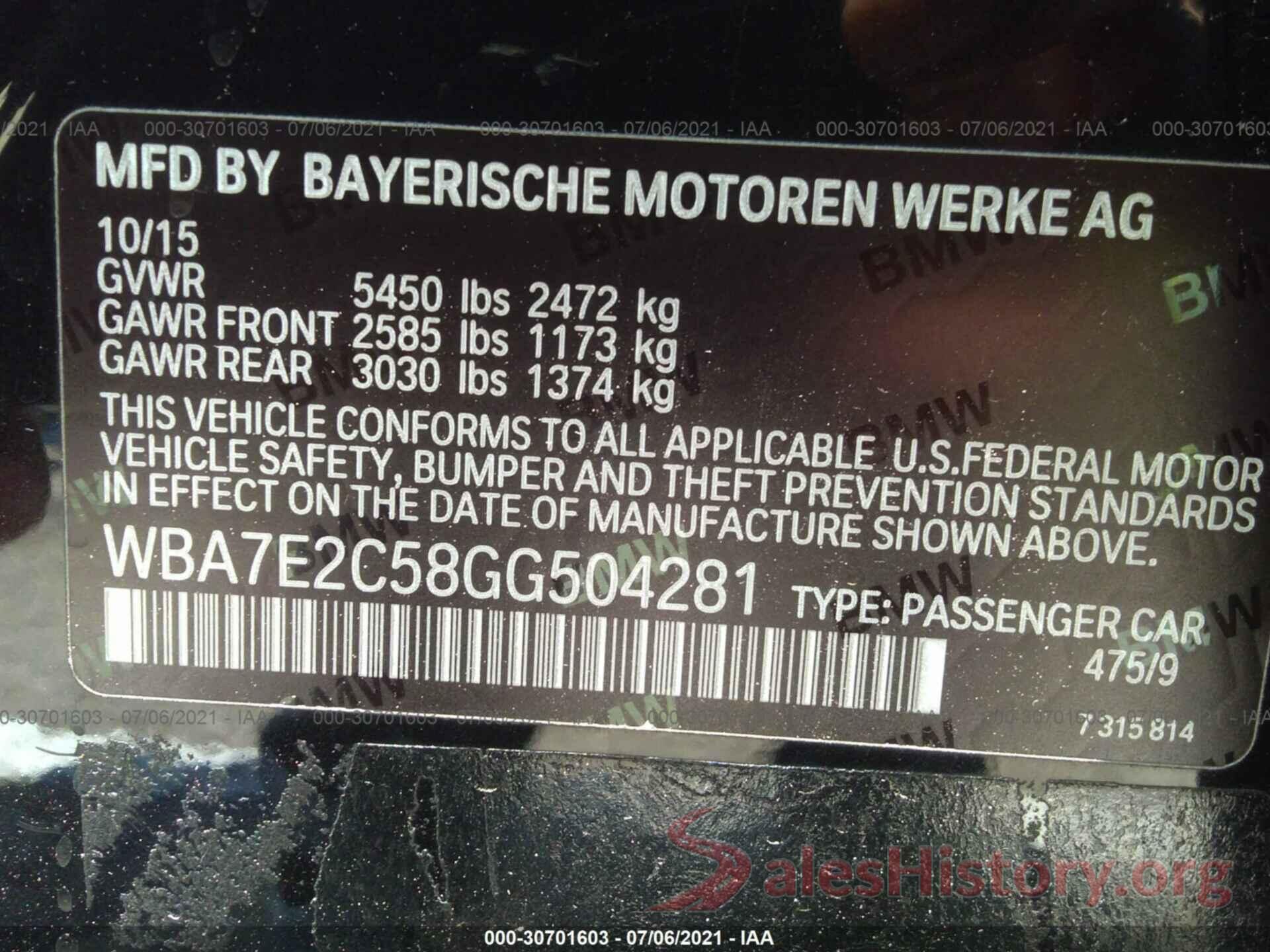 WBA7E2C58GG504281 2016 BMW 7 SERIES