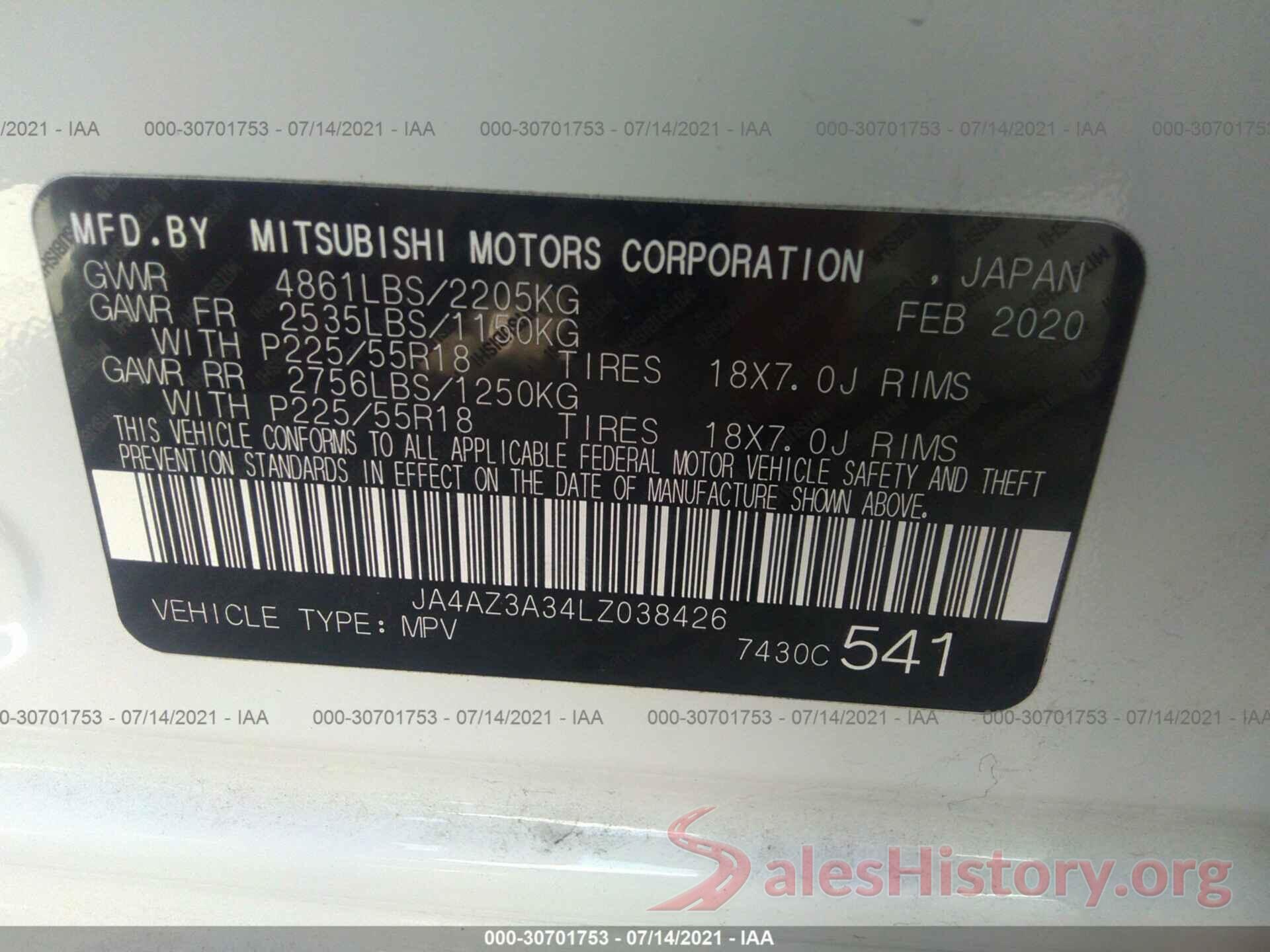 JA4AZ3A34LZ038426 2020 MITSUBISHI OUTLANDER