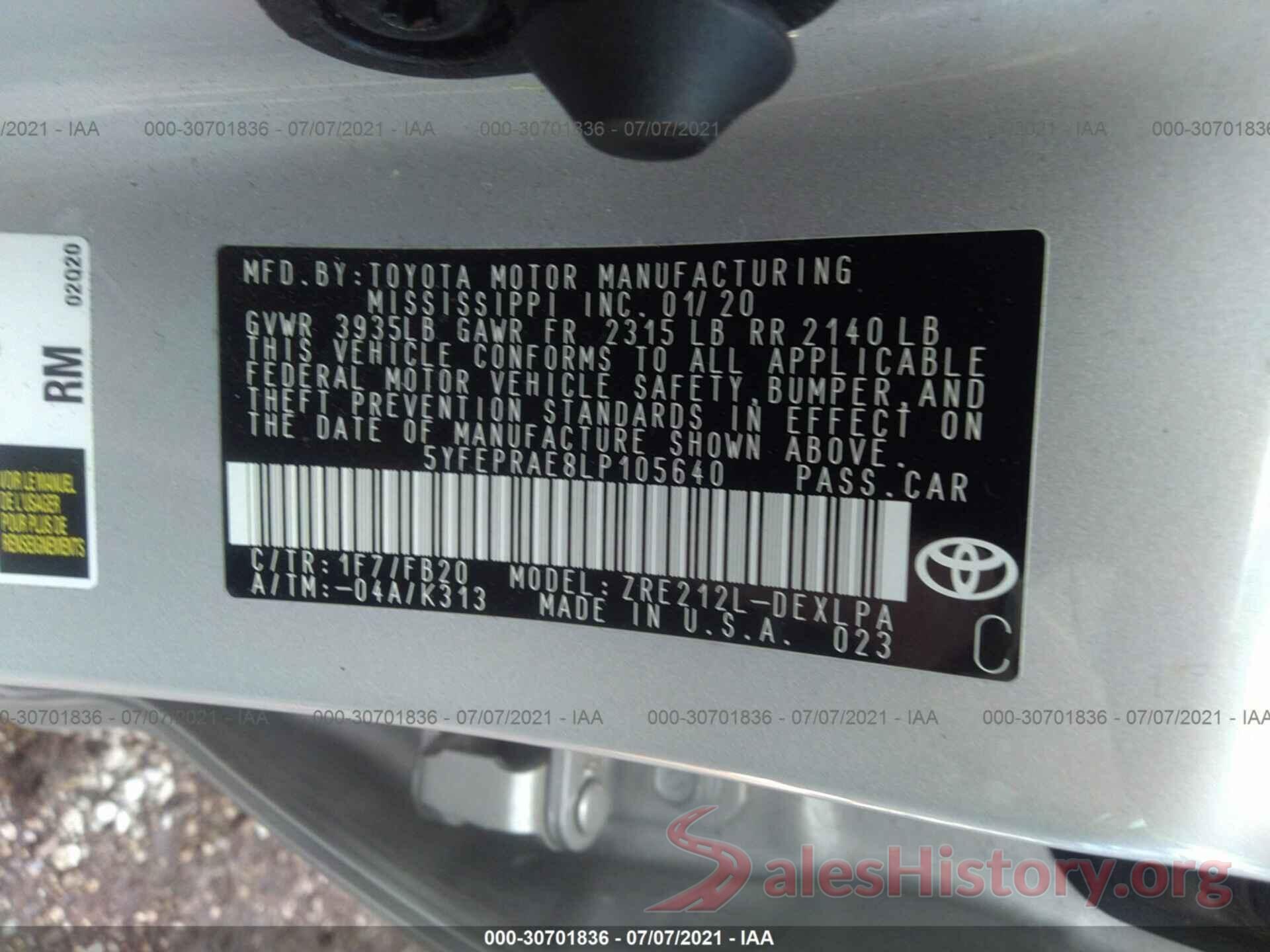 5YFEPRAE8LP105640 2020 TOYOTA COROLLA