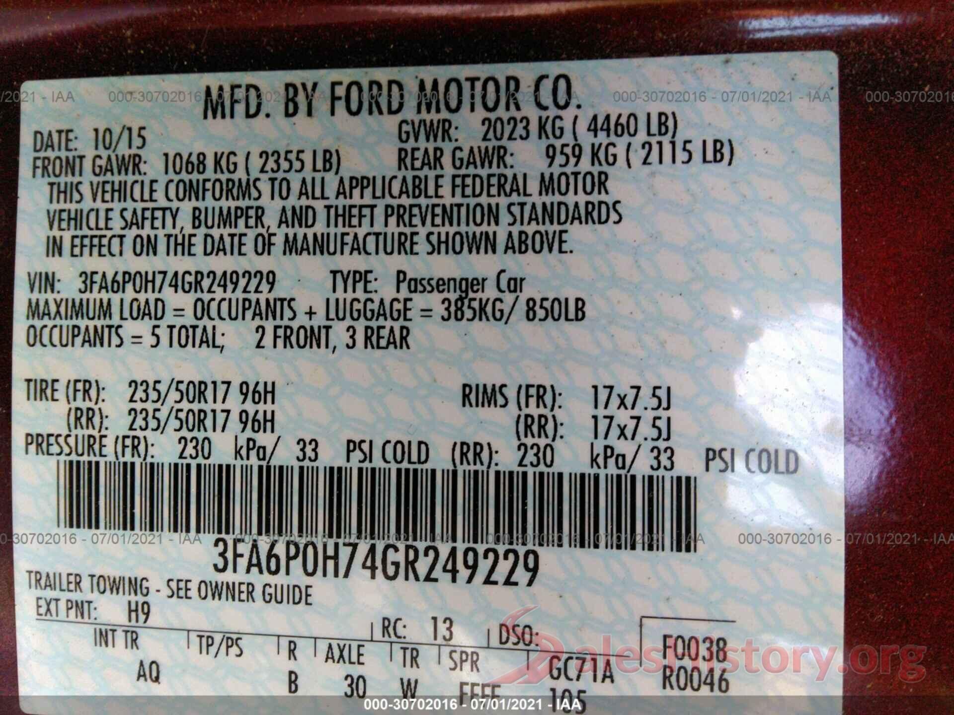 3FA6P0H74GR249229 2016 FORD FUSION