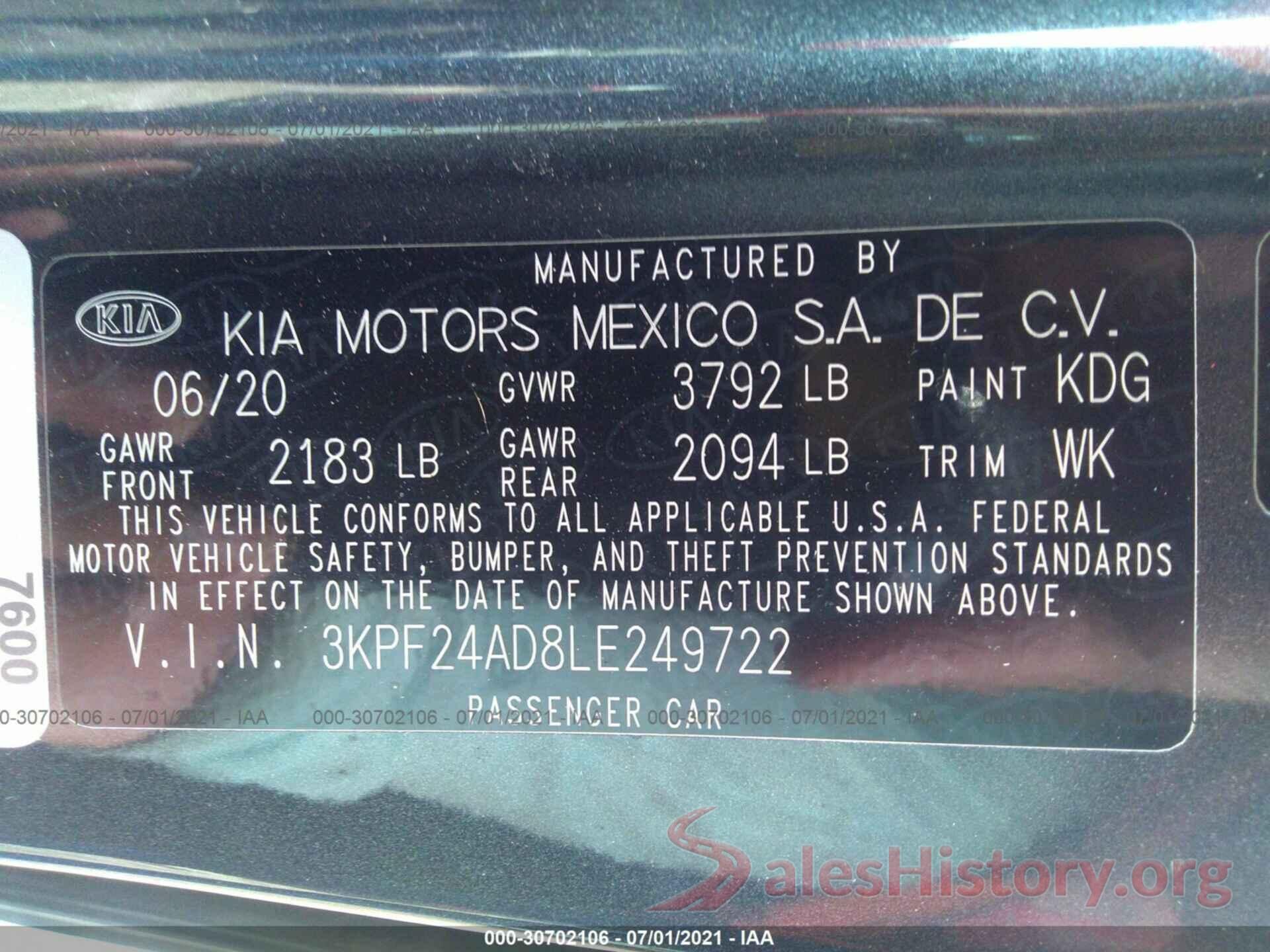 3KPF24AD8LE249722 2020 KIA FORTE