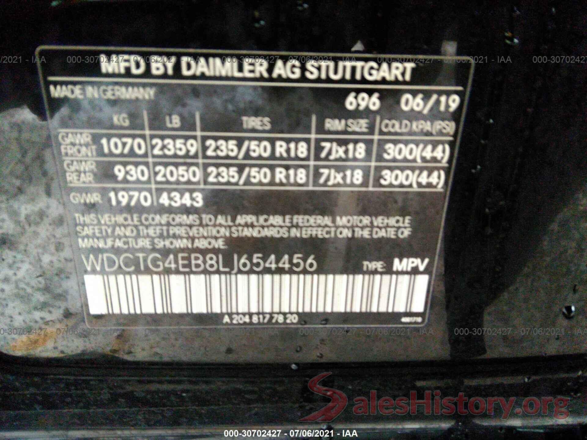 WDCTG4EB8LJ654456 2020 MERCEDES-BENZ GLA