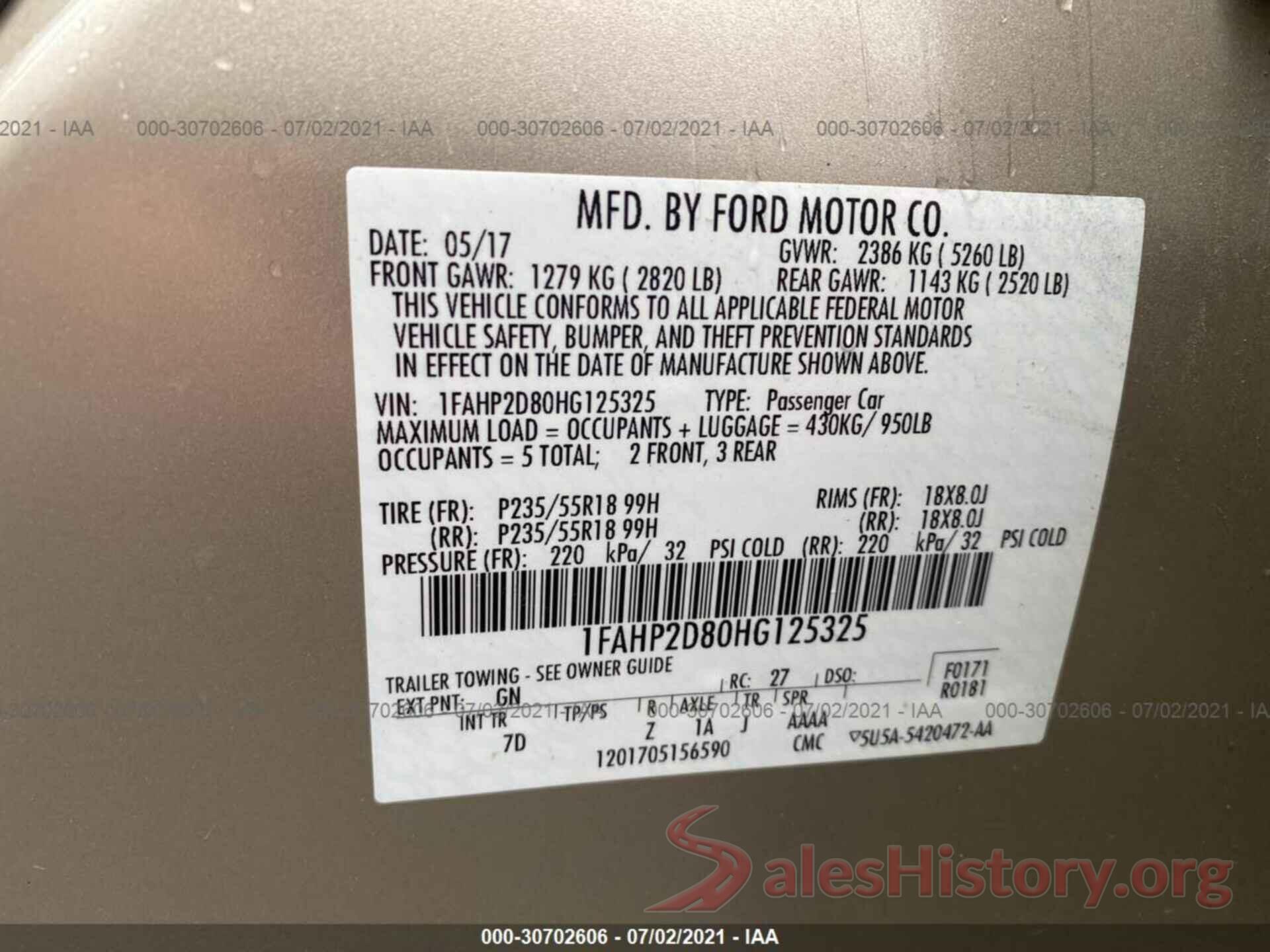 1FAHP2D80HG125325 2017 FORD TAURUS