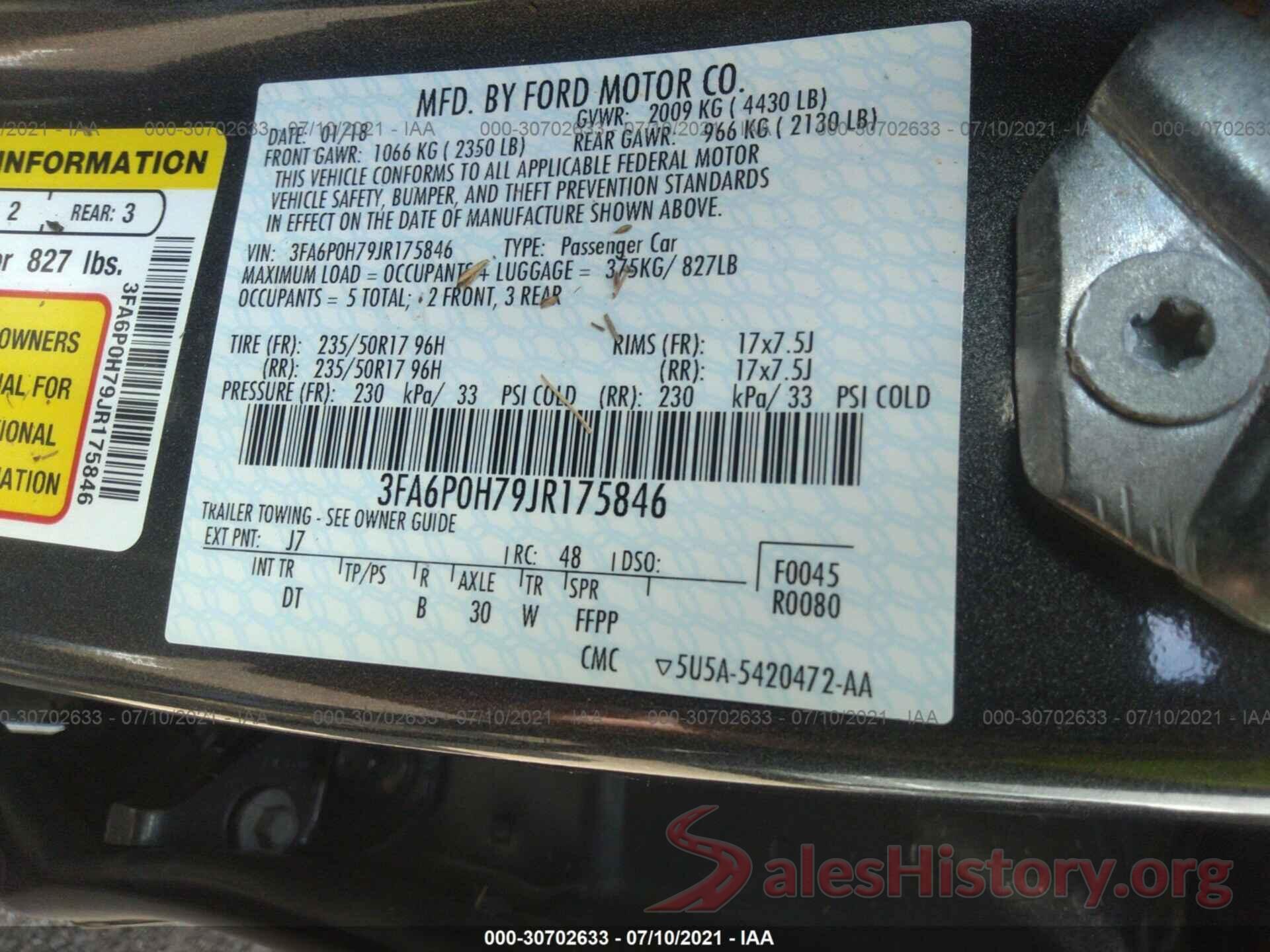 3FA6P0H79JR175846 2018 FORD FUSION