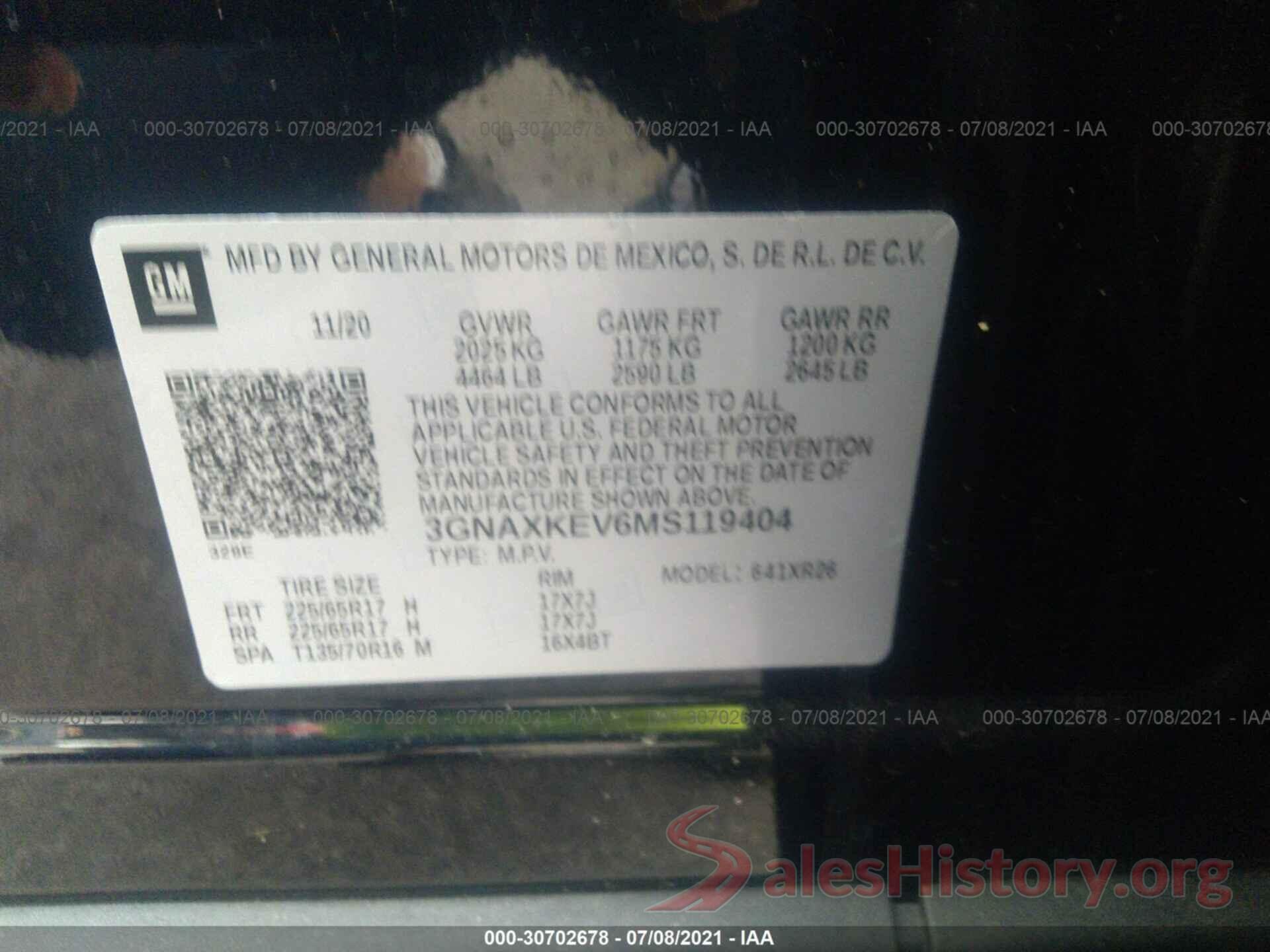 3GNAXKEV6MS119404 2021 CHEVROLET EQUINOX