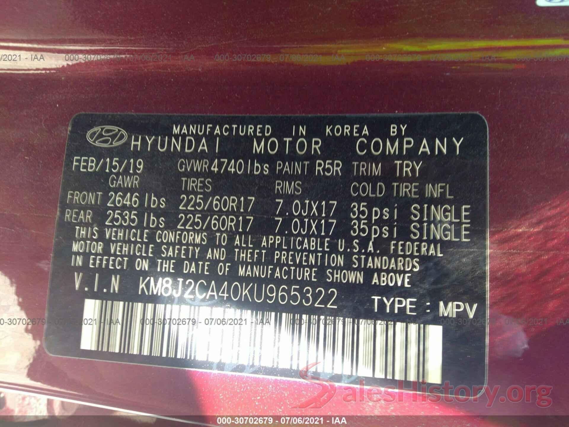 KM8J2CA40KU965322 2019 HYUNDAI TUCSON