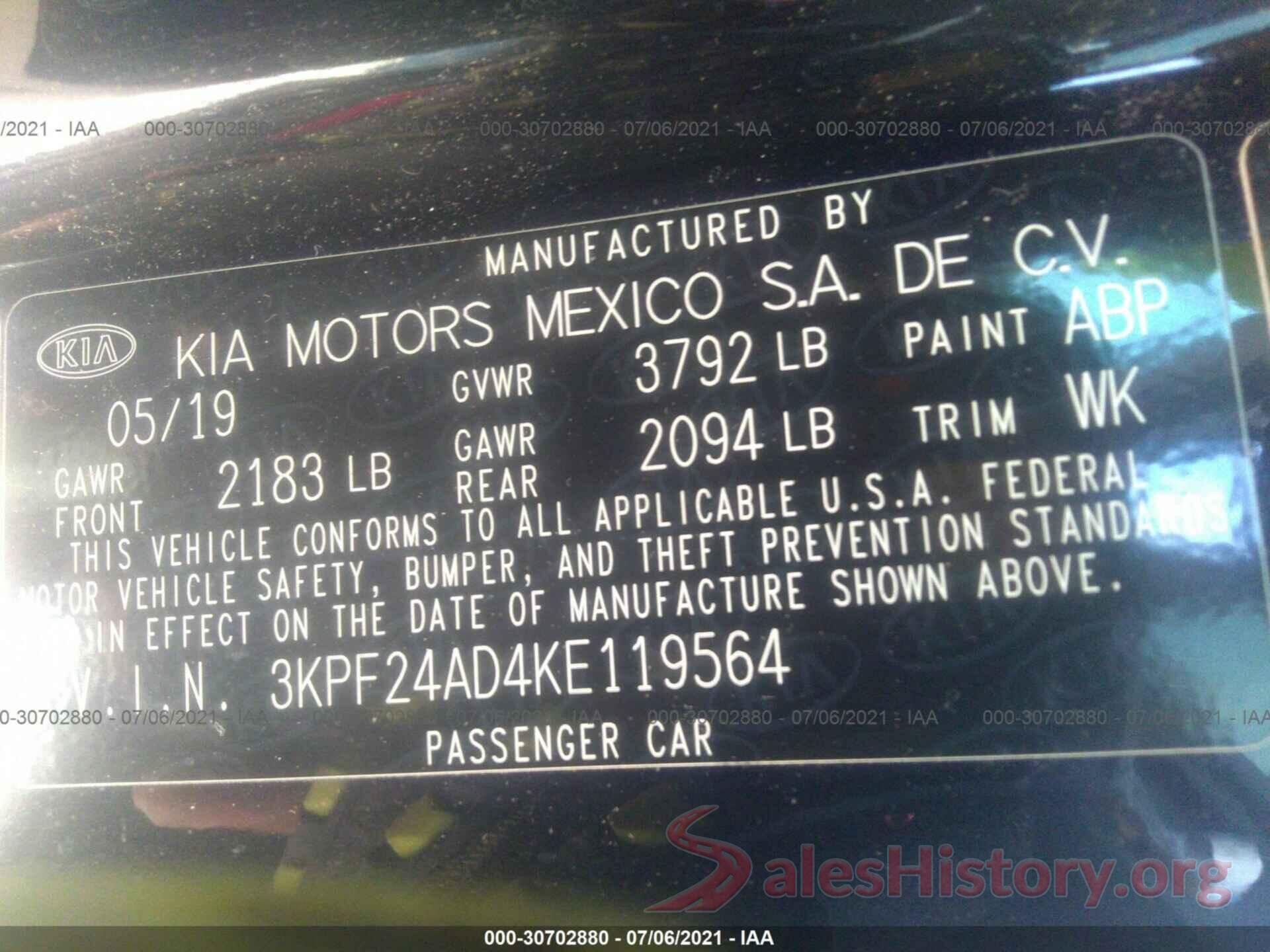 3KPF24AD4KE119564 2019 KIA FORTE