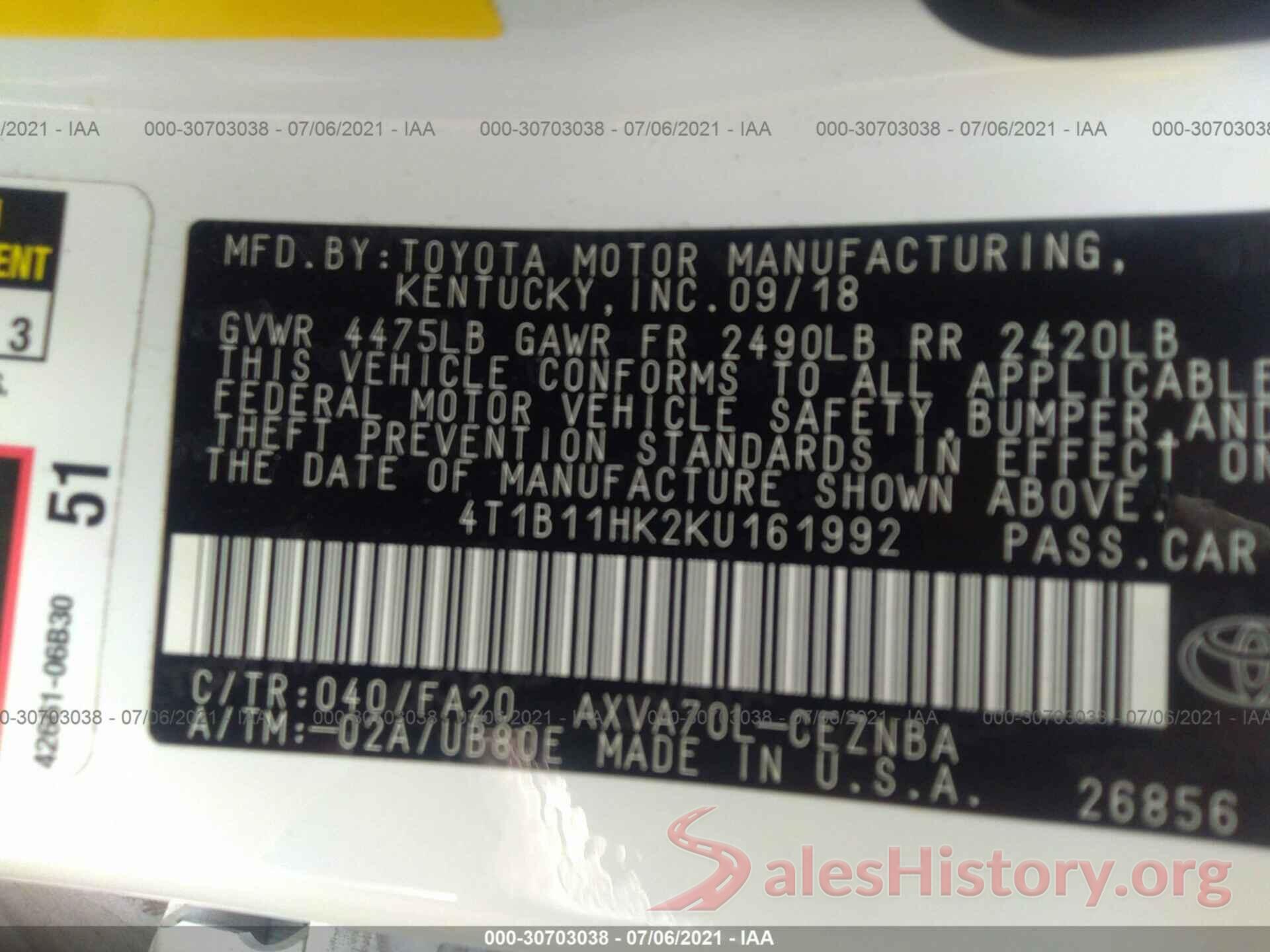 4T1B11HK2KU161992 2019 TOYOTA CAMRY