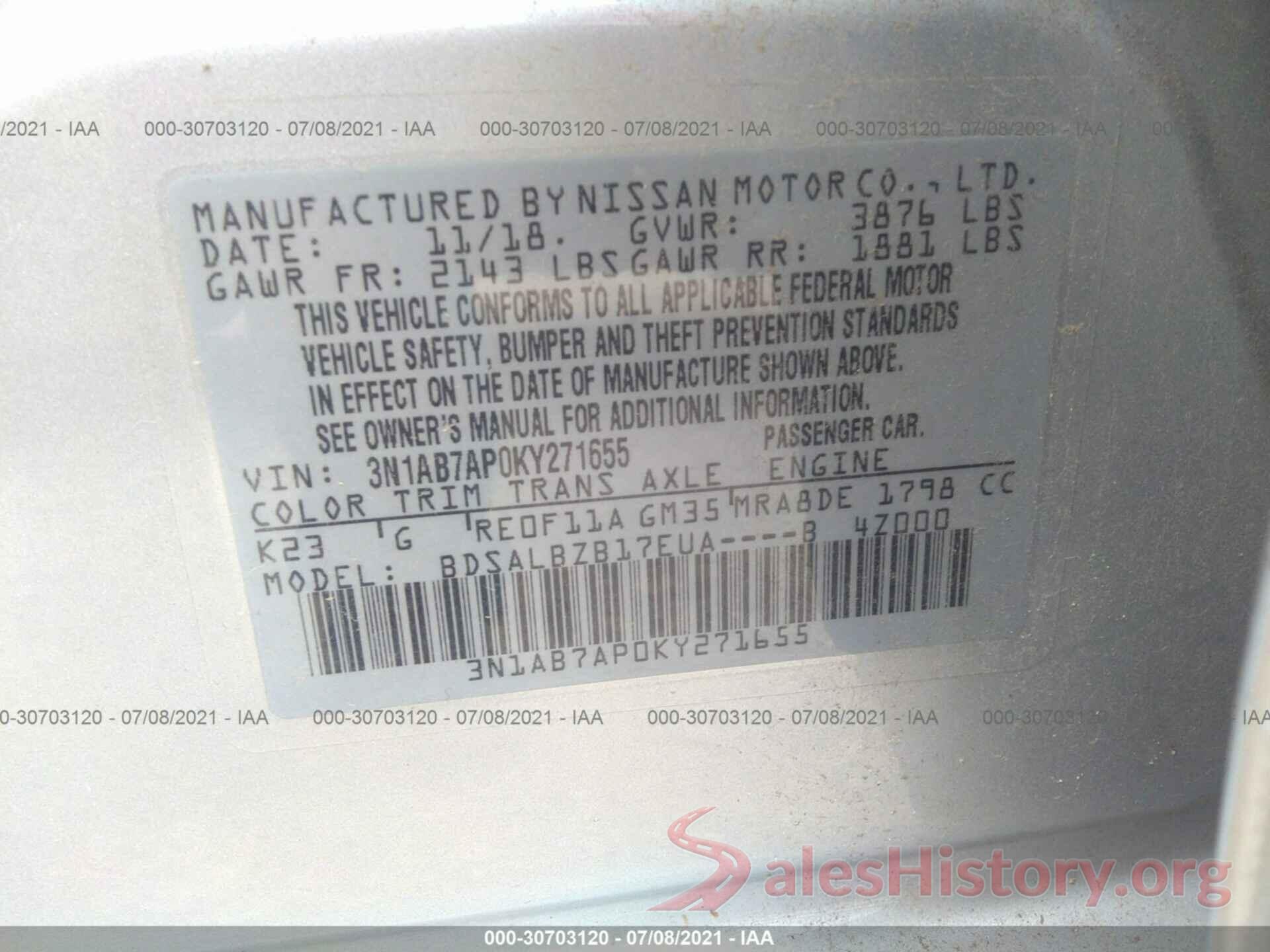 3N1AB7AP0KY271655 2019 NISSAN SENTRA