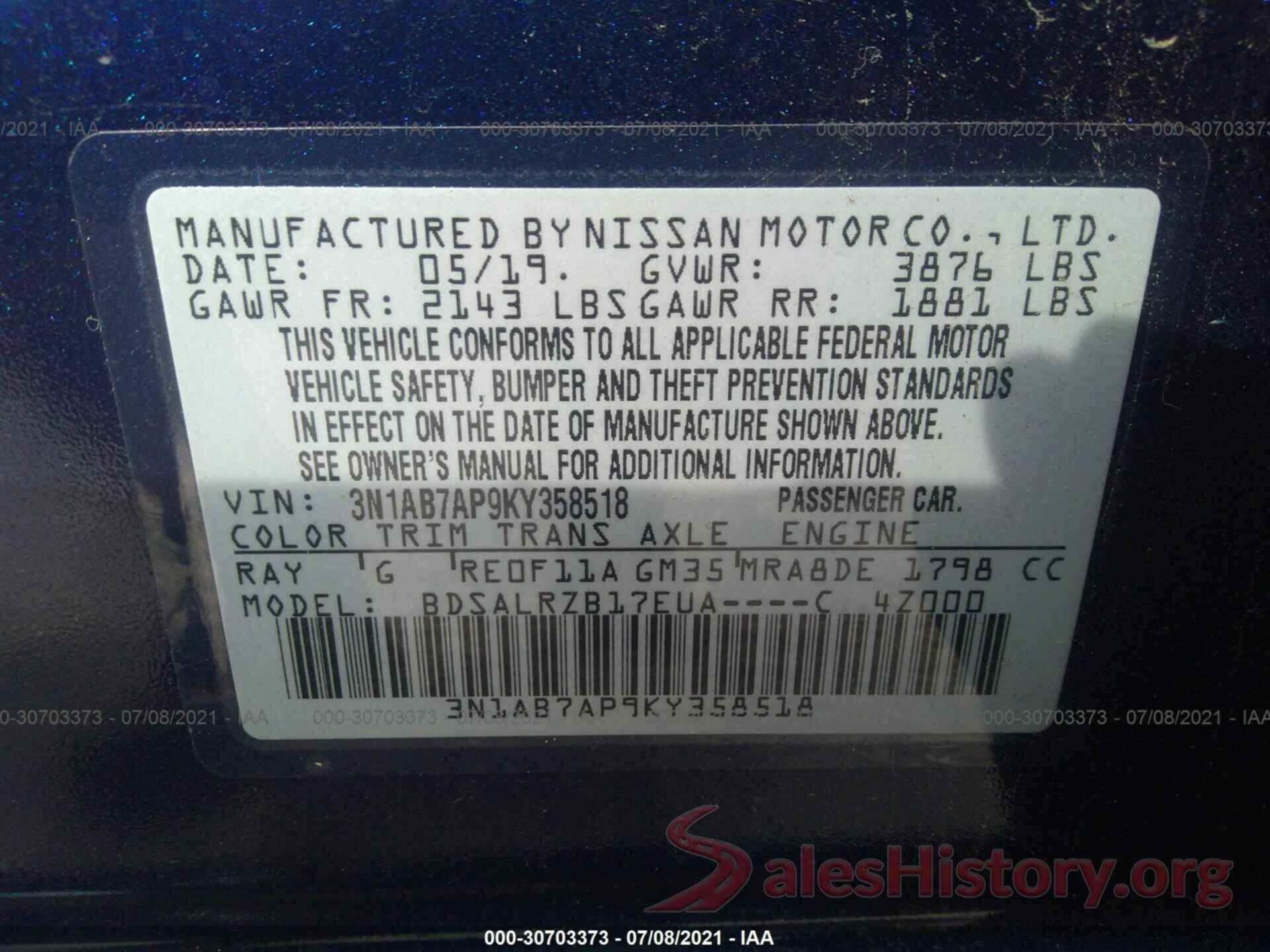 3N1AB7AP9KY358518 2019 NISSAN SENTRA