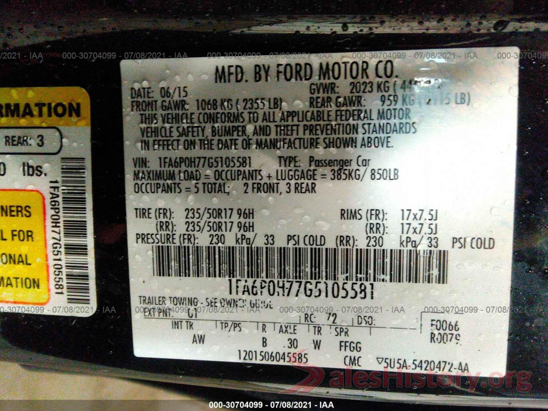 1FA6P0H77G5105581 2016 FORD FUSION