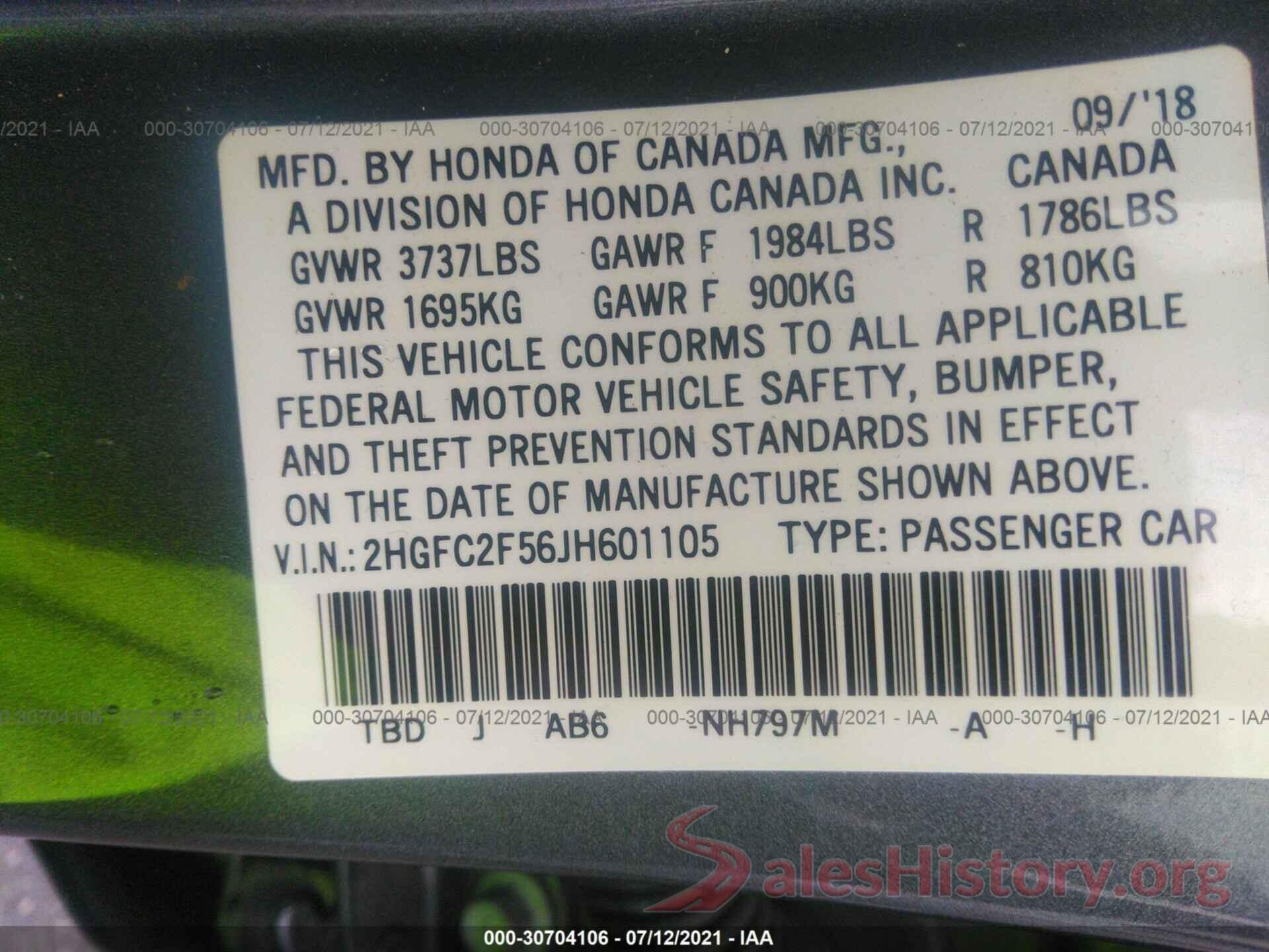 2HGFC2F56JH601105 2018 HONDA CIVIC SEDAN