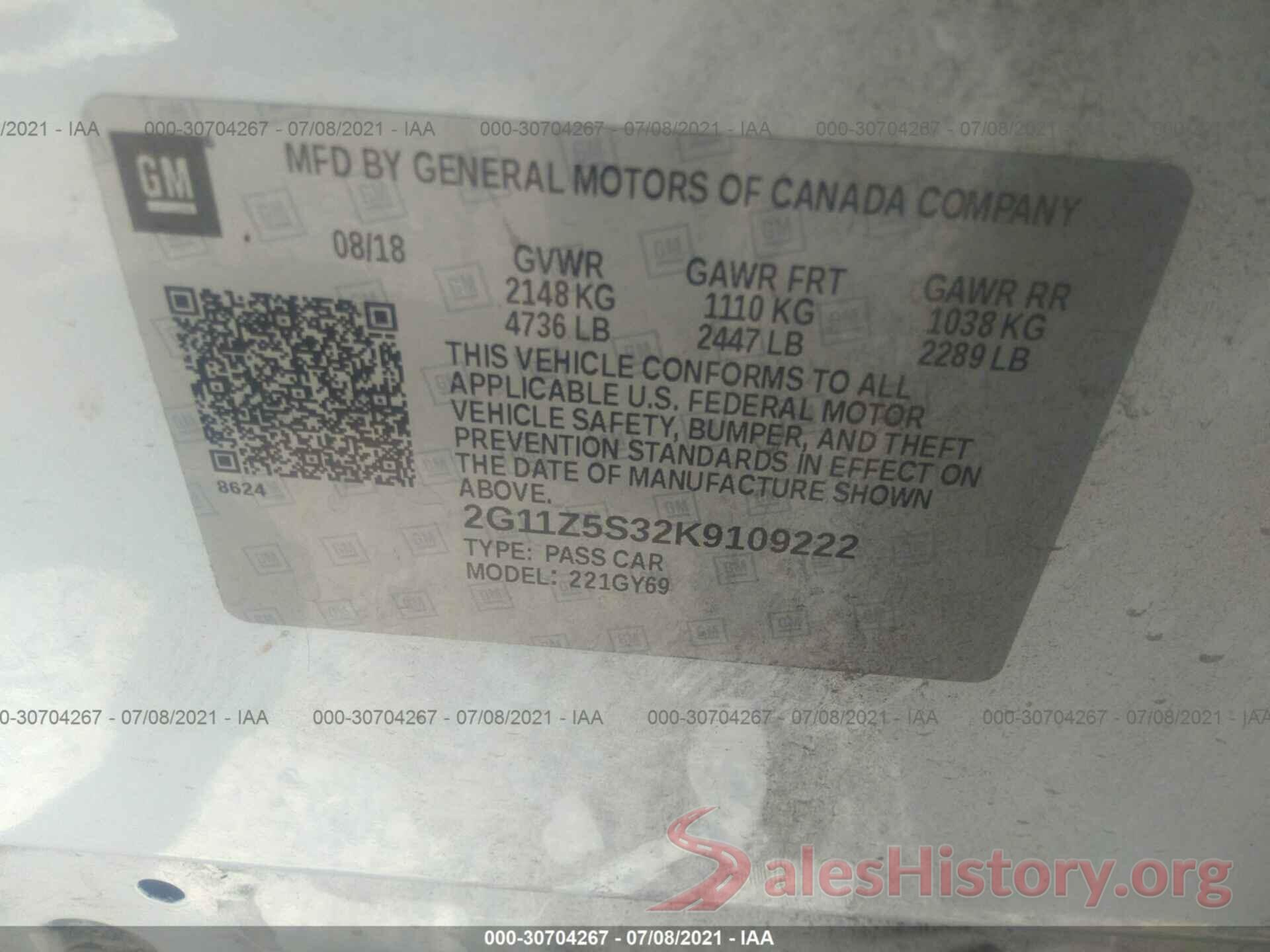 2G11Z5S32K9109222 2019 CHEVROLET IMPALA